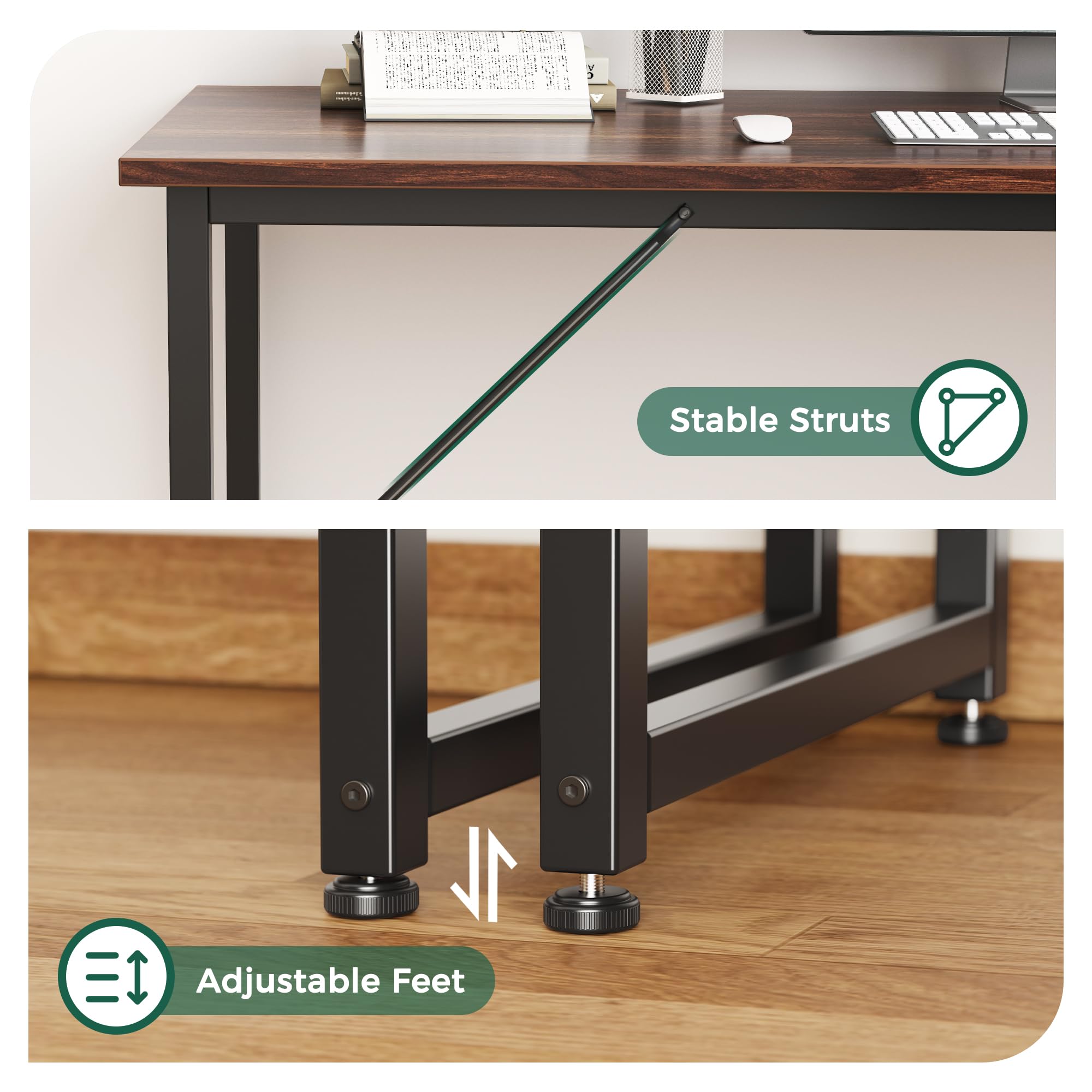 Computer Desk, 48 Inch Office Desk, Gaming Desk with Storage, Writing Desk Work Desk for Home Office, Study, Modern Simple Desk, Large Legroom, Metal Frame, Walnut