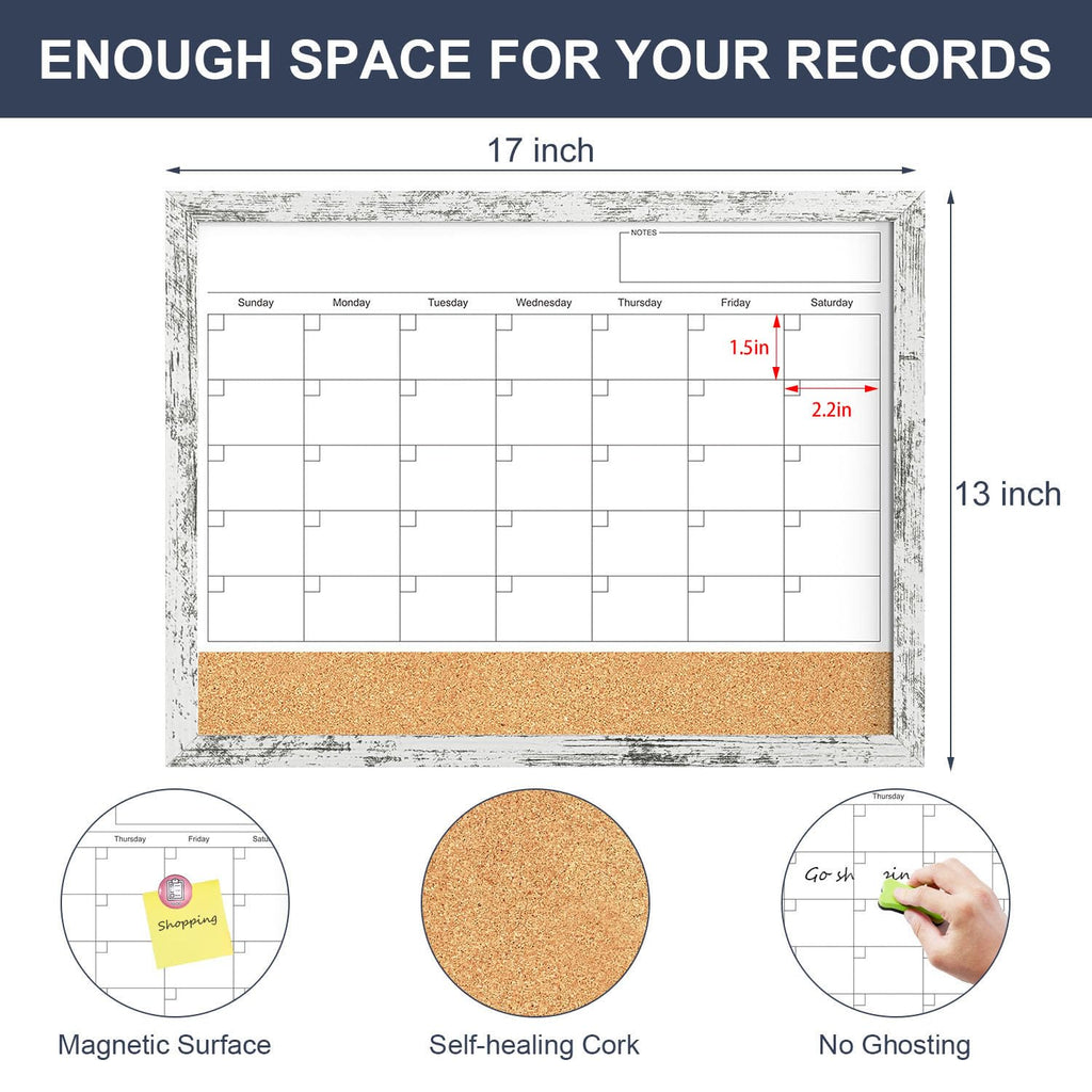 Dry Erase Calendar for Wall, 17x13 Inches Whiteboard Calendar Cork Board Combo, Magnetic Small White Board with Wood Framed, Hanging Dry Erase Board for Office Kitchen Home Planner Memo
