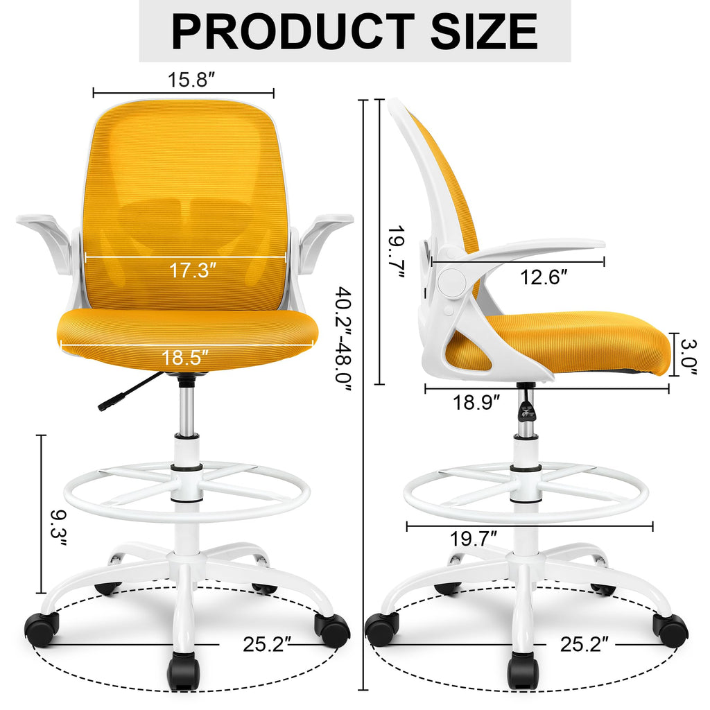 Drafting Chair Tall Office Chair with Flip-up Armrests Executive Ergonomic Computer Standing Desk Chair with Lumbar Support and Adjustable Footrest Ring (Mustard)