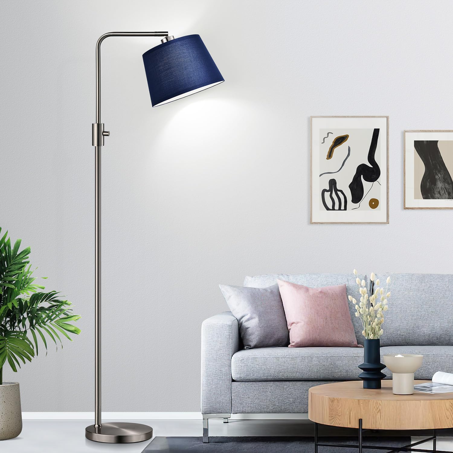 Floor Lamp, 1000 Lumens LED Edison Bulb Included, Brushed Nickel Arc Standing Tall Floor Lamp with Blue Shade for Living Room Bedroom Office Dining Room