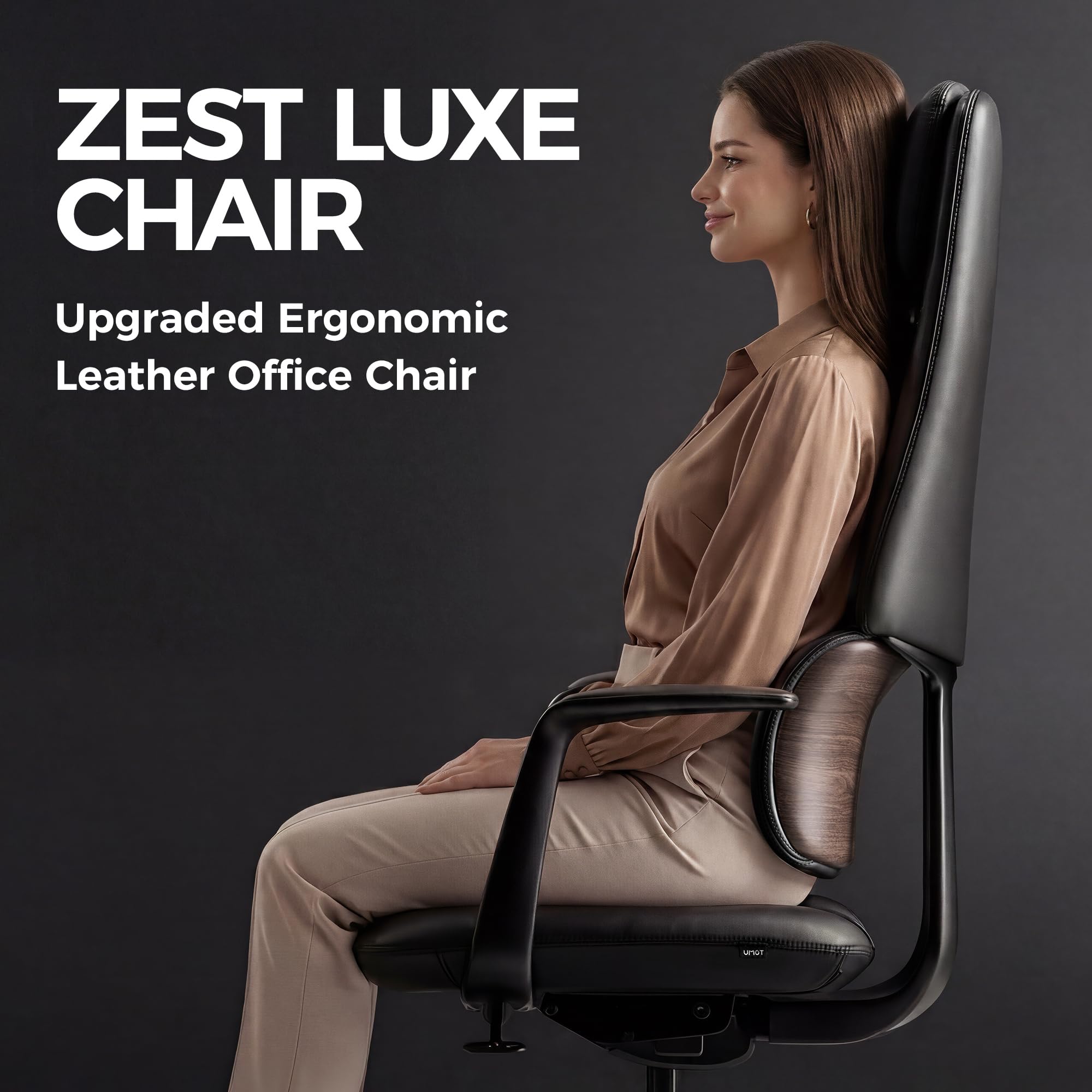 Genuine Leather Office Desk Chair, Ergonomic Leather Executive Office Chair, Upgraded Wood Grain Finish and S Curve Back with Solid Aluminum Frame, Luxury and Mordern
