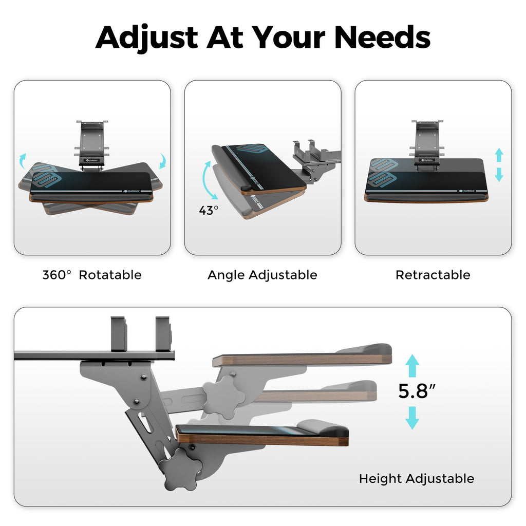 Keyboard Tray Height Adjustable, Swivel Tilt Computer Keyboard Drawer Under Desk, 25x9.13'' Sliding Keyboard & Mouse Platform with Mouse Pad for Typing, Walnut