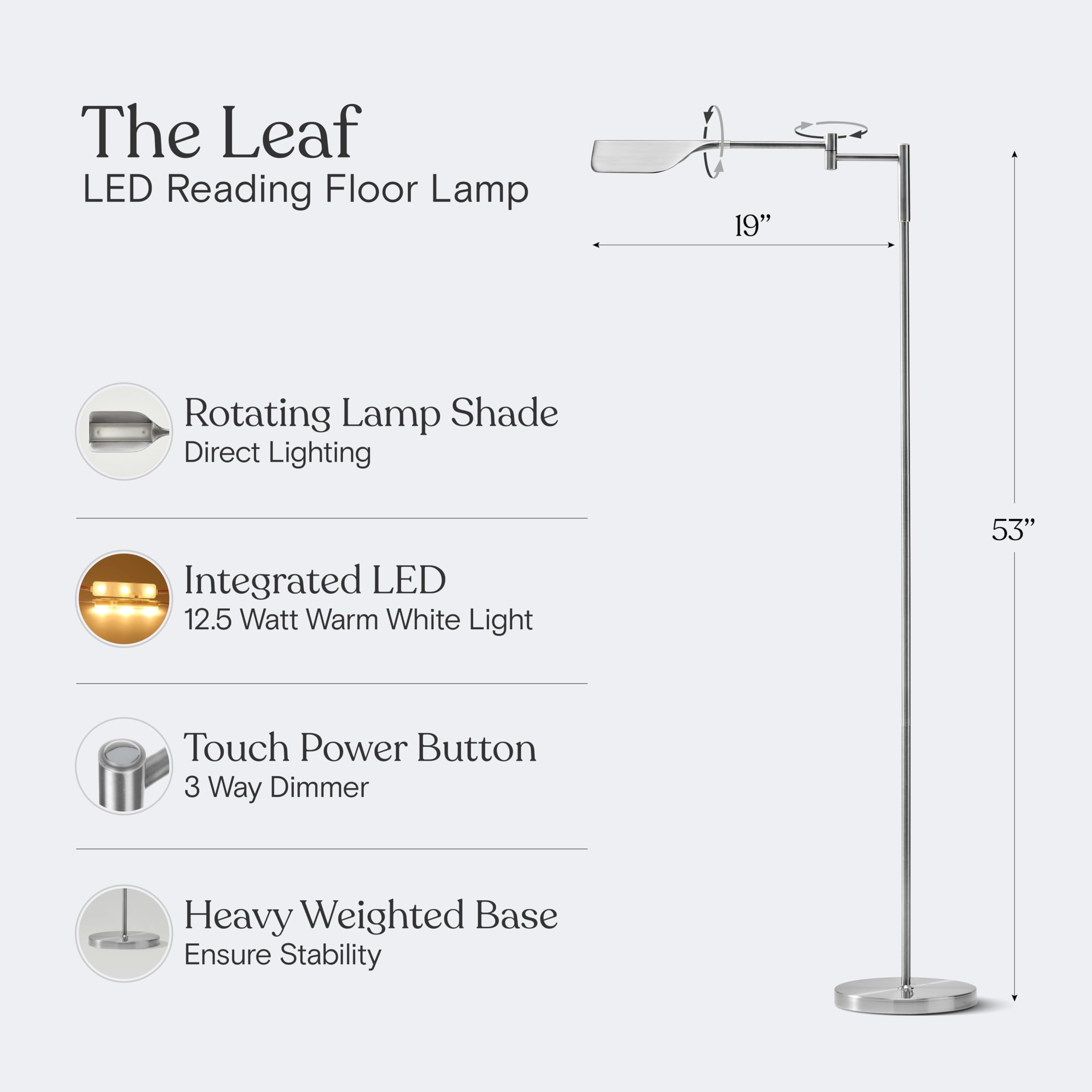 Leaf Pharmacy LED Reading Lamp, Dimmable Floor Lamp with Easy Adjustable Rotation Over Chair or Desk for Living Room, Work Light for Office, Modern Minimalist Home Decor - Platinum Silver