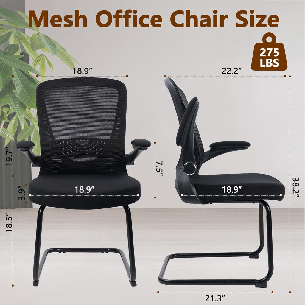 Black (2PK) Office Guest Chair no Wheels, Ergonomic Mesh Desk Chair Adjustable Lumbar Support and Flip Up Arms, Sled Base for Office Guest & Reception Chairs for Conference Room,