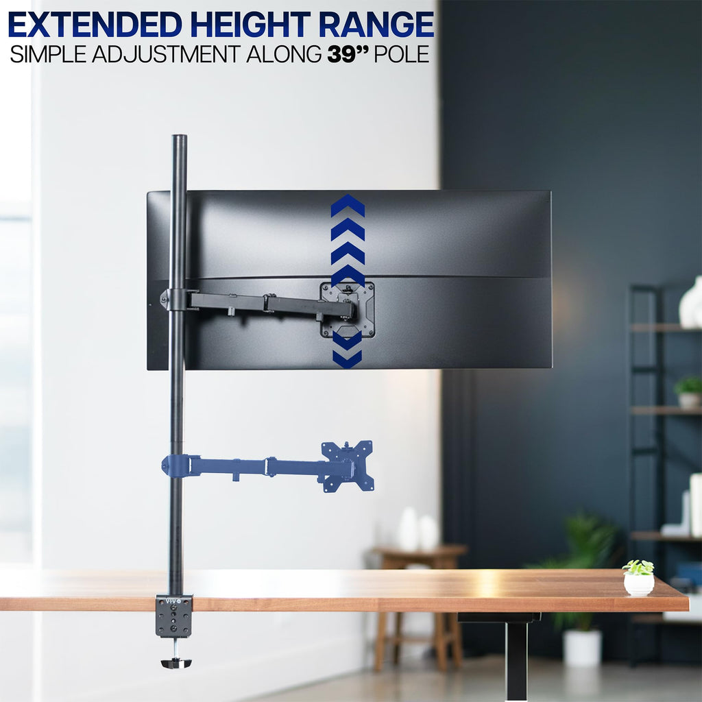 Extra Tall Single Monitor Desk Mount, 39 inch Pole VESA Stand for 13 to 32 inch Screens and up to 38 inch Ultrawides, Holds 22 lbs, Black, STAND-V011