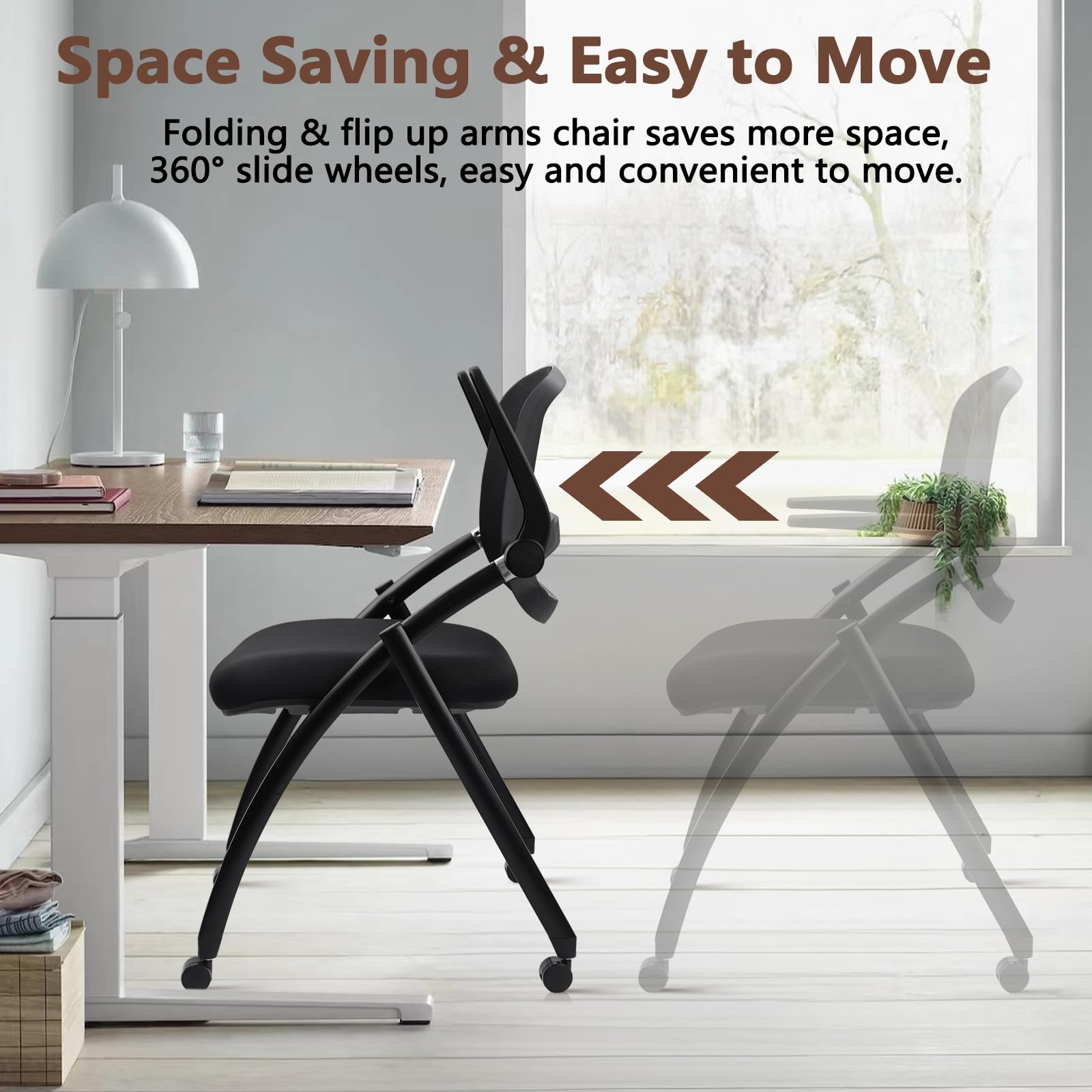 20 Pack, Stackable & Foldable Chairs with Flip Up Armrests, Reception Guest Chairs with Wheels, Ergonomic Curved Mesh Back Folding Chair for Office Meeting Schools Conference Waiting Room