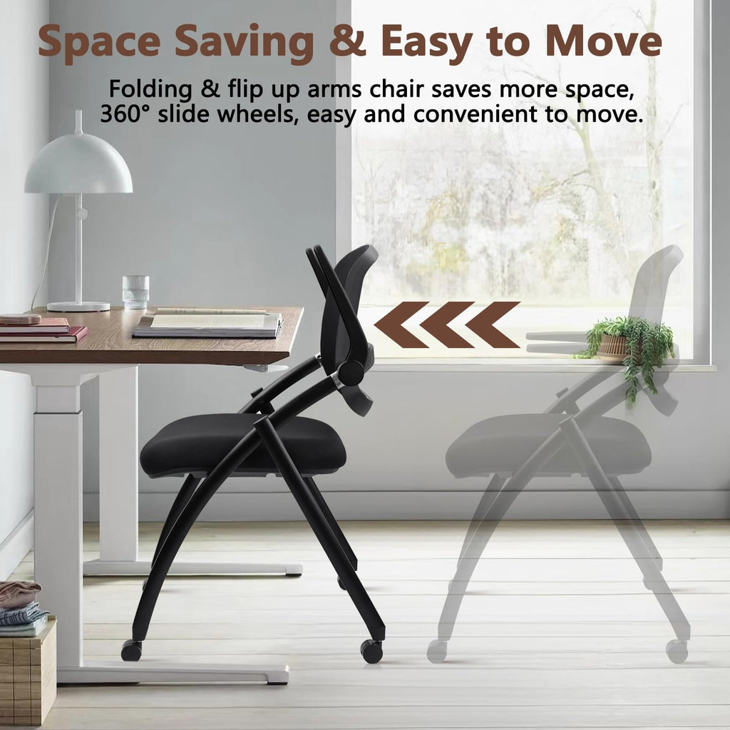40 Pack, Stackable & Foldable Chairs with Flip Up Armrests, Reception Guest Chairs with Wheels, Ergonomic Curved Mesh Back Folding Chair for Office Meeting Schools Conference Waiting Room