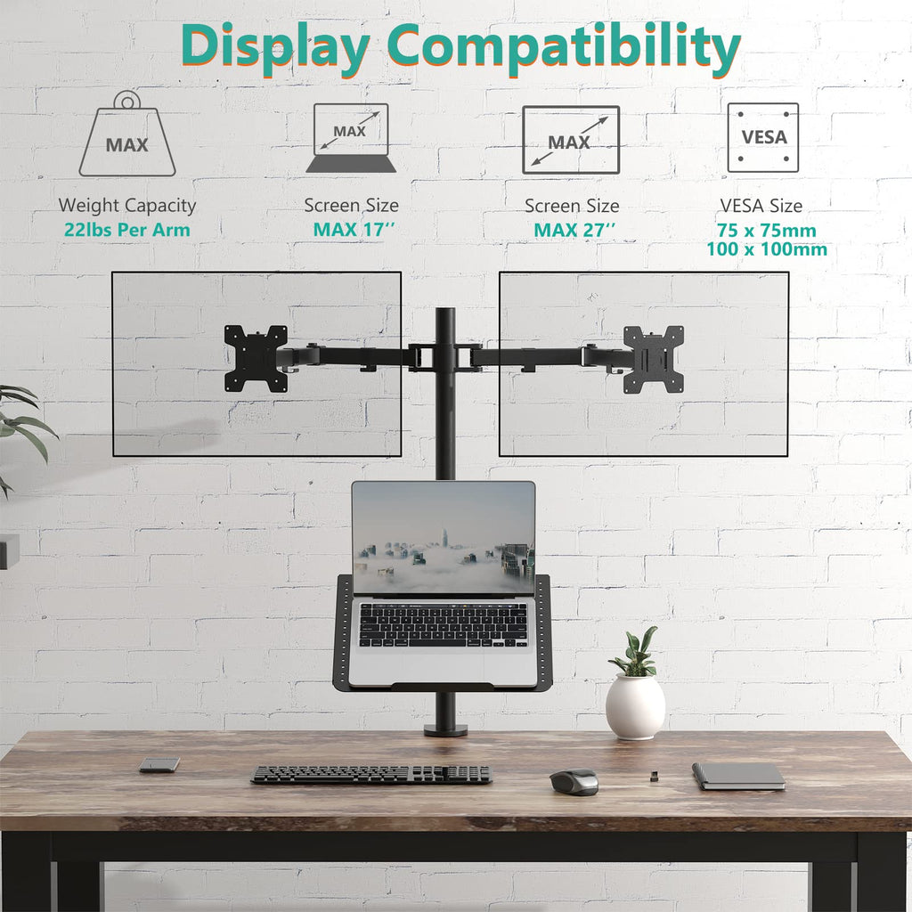 Triple Arm Laptop and Dual Monitor Desk Mount for 17" Notebook and Up to 27" Screens, Extra Tall Adjustable Monitor Stand with Laptop Tray, VESA 75x75 100x100, Black