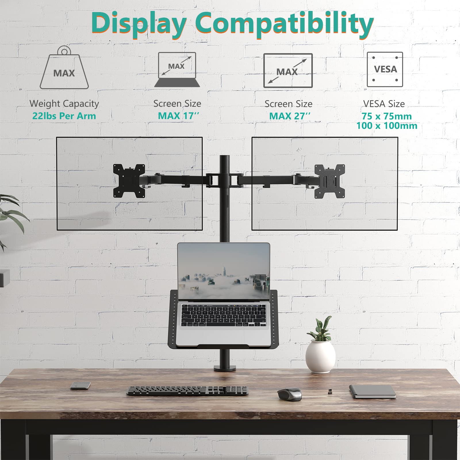 Triple Arm Laptop and Dual Monitor Desk Mount for 17" Notebook and Up to 27" Screens, Extra Tall Adjustable Monitor Stand with Laptop Tray, VESA 75x75 100x100, Black