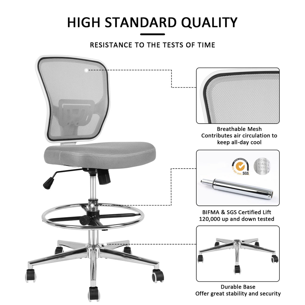 Drafting Chair, Tall Office Chair for Standing Desk, Drafting Stool with Lumbar Support, Adjustable Height and Foot Ring, Grey