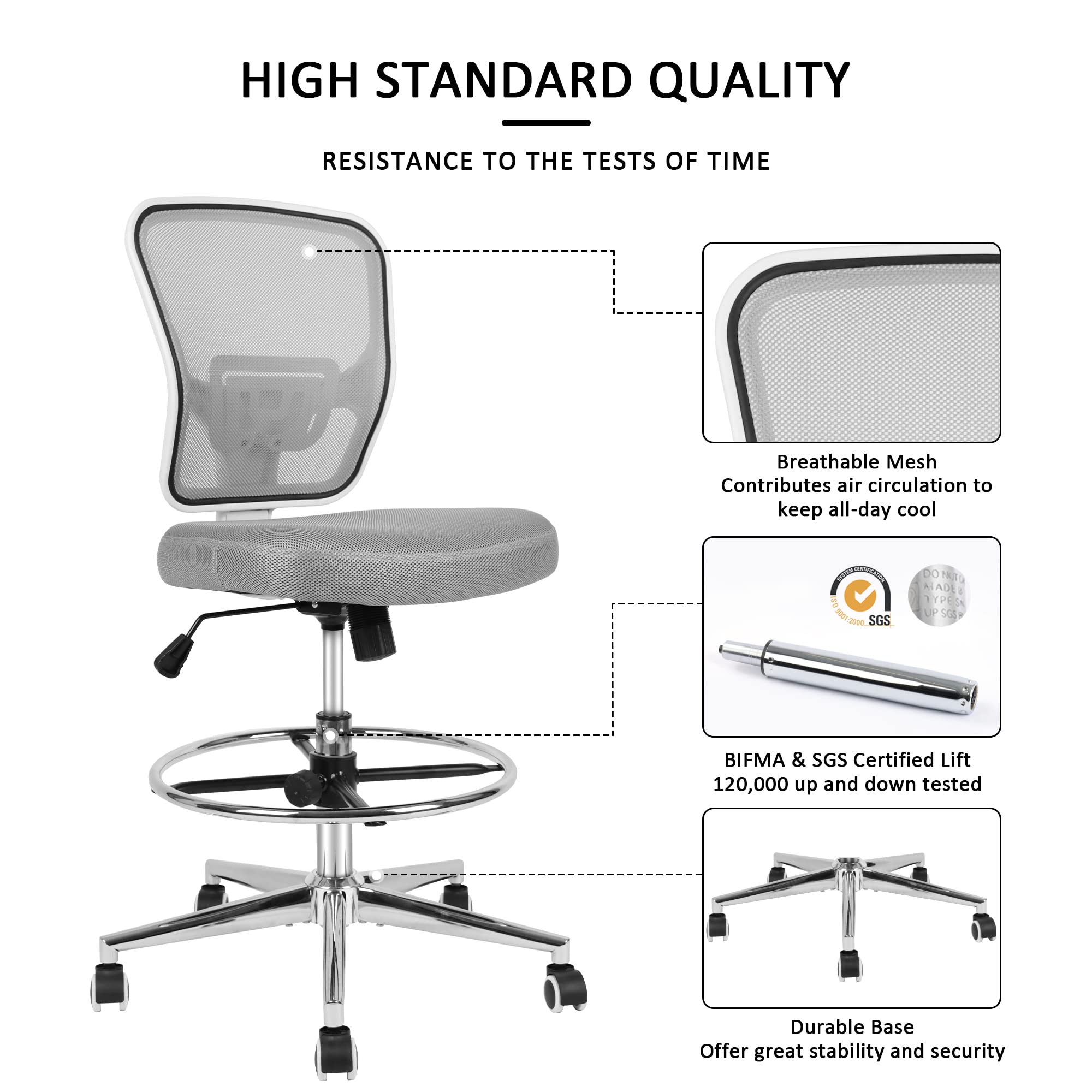 Drafting Chair, Tall Office Chair for Standing Desk, Drafting Stool with Lumbar Support, Adjustable Height and Foot Ring, Grey
