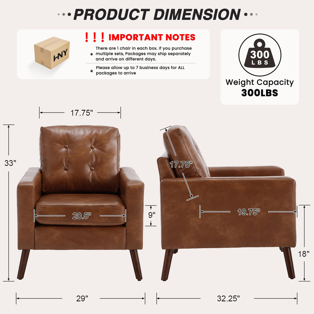 Mid Century Modern Armchair, Button Tufted Faux Leather Accent Chair with Armrests, Upholstered Club Chair for Living Room, Bedroom & Office, Caramel Brown