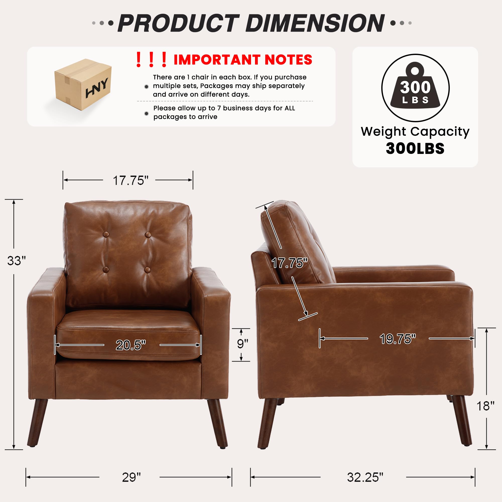 Mid Century Modern Armchair, Button Tufted Faux Leather Accent Chair with Armrests, Upholstered Club Chair for Living Room, Bedroom & Office, Caramel Brown