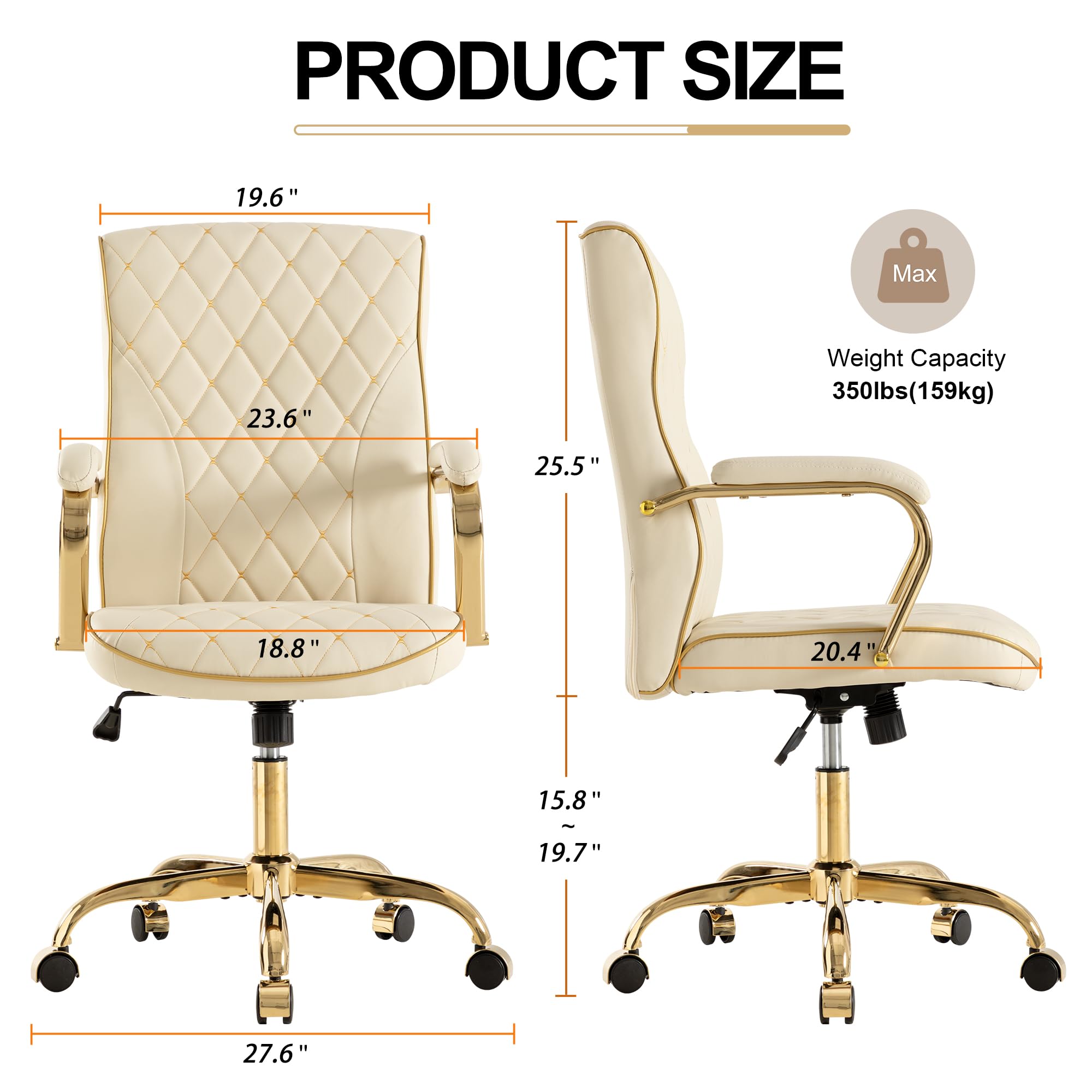 Beige and Gold Office Desk Chair,Conference Room Chairs,Mid Back Vintage Executive Leather Chair,Ergonomic Computer Swivel Chair with Rocking Function and Padded Arms,Adjustable Height