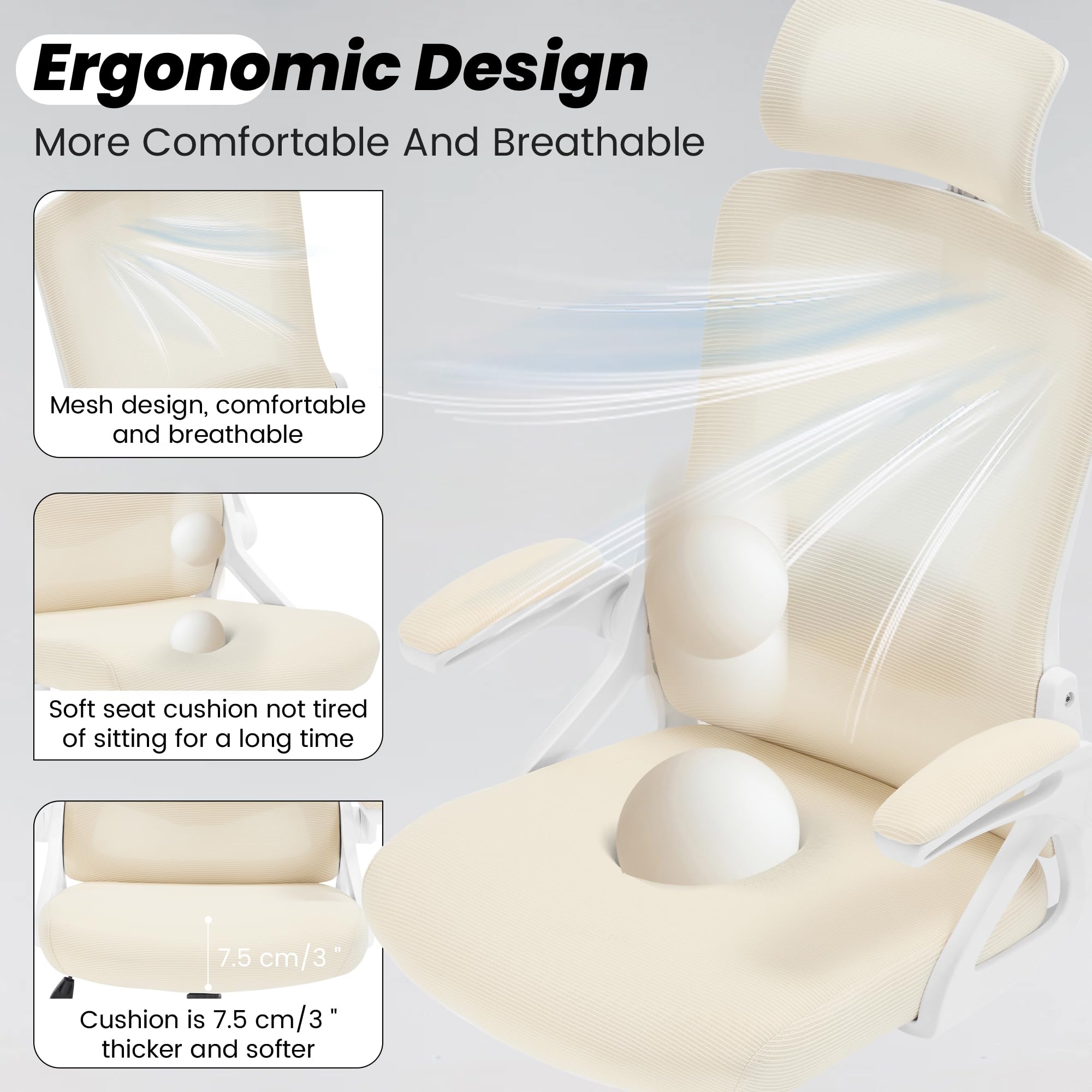 Ergonomic Office Chair, 400 LBS Computer Chairs with Adjustable Lumbar Support, Breathable Mesh Desk Chair Ergonomic with Thickened Cushion, Comfy Home Office Desk Chair (Buff Beige)