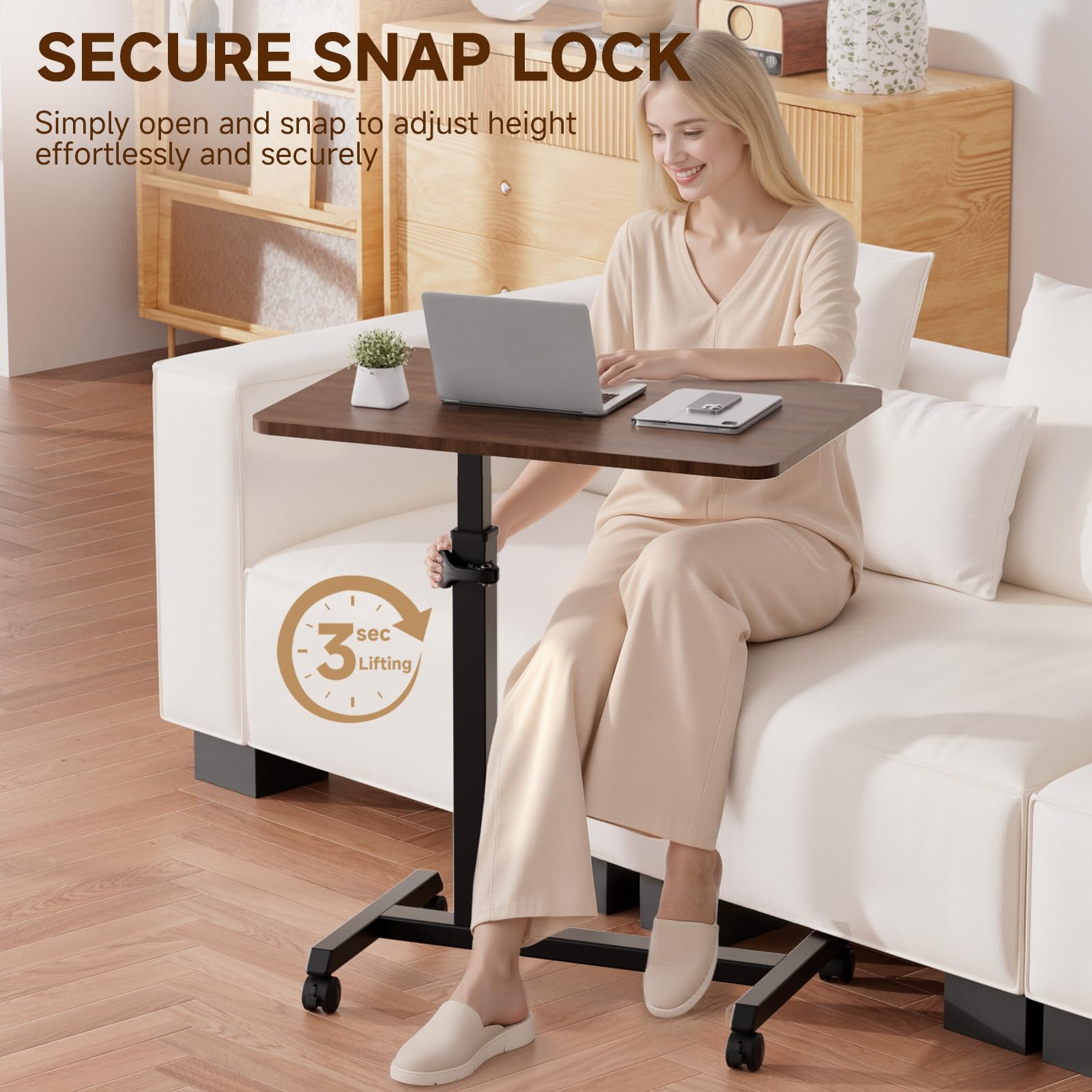 Small Standing Desk, 24 Inches Foldable Mobile Rolling Laptop PC Table with Lockable Casters, Adjustable Height Overbed Bedside Table Computer Workstation for Home Office, Walnut-Foldable
