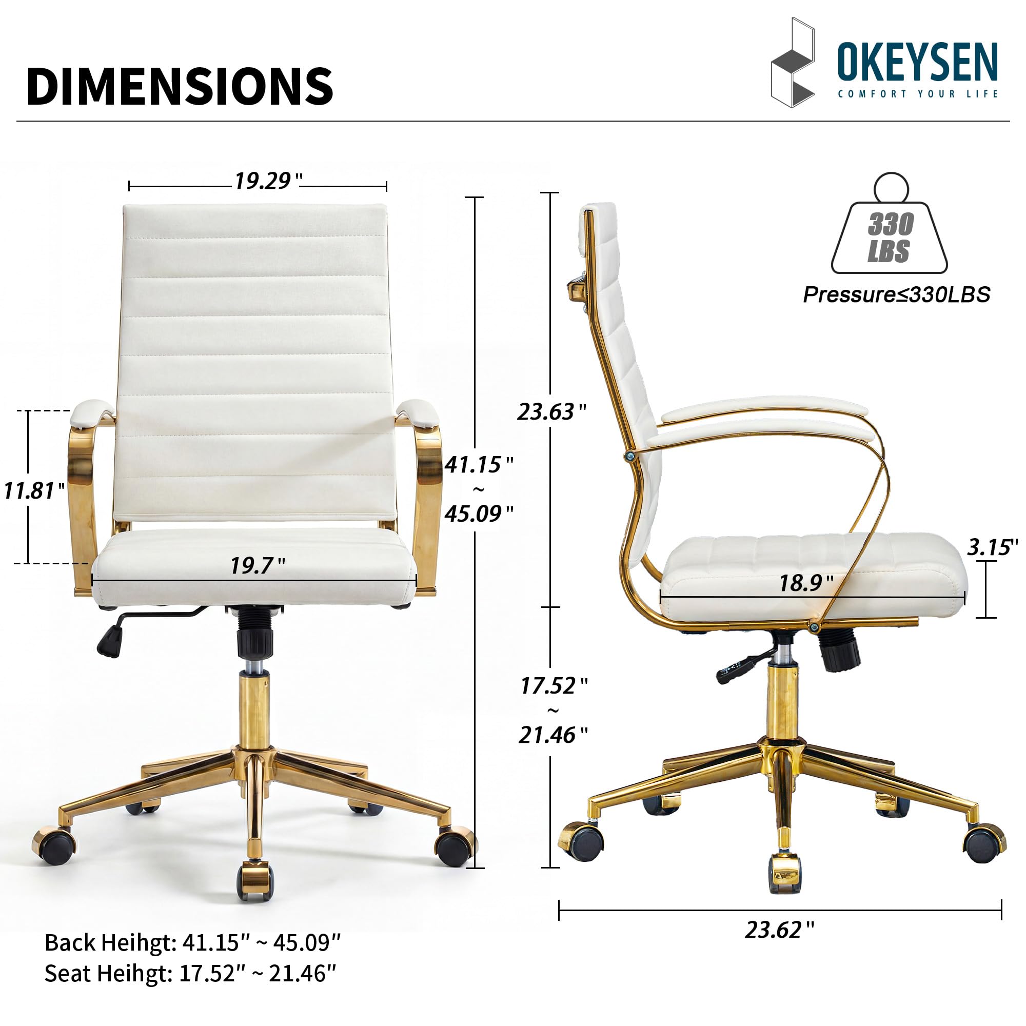 Gold Office Desk Chair, Ergonomic Leather Modern Conference Room Chairs, Executive Ribbed Height Adjustable Swivel Rolling Golden Chair for Home Office.