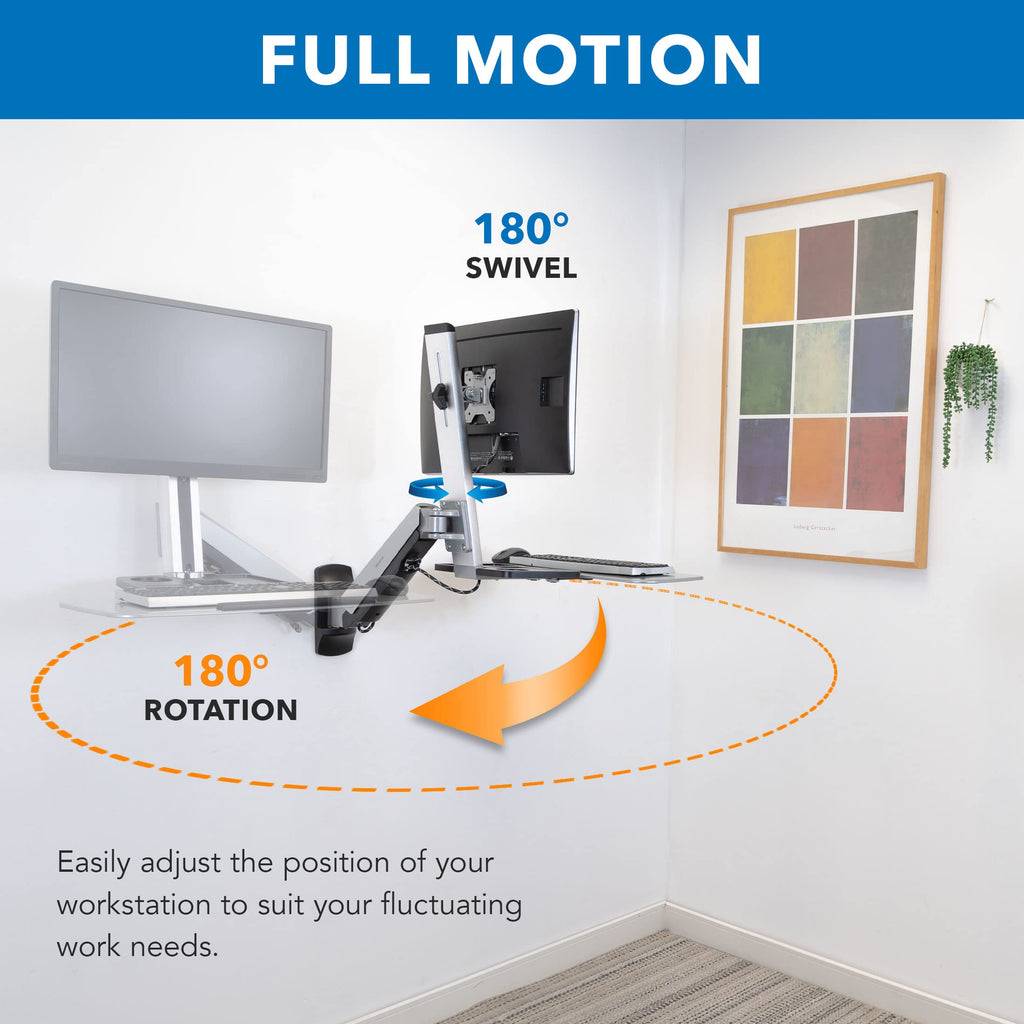 Wall Mounted Sit-Stand Single Monitor Workstation with Gas Spring Arm, Keyboard Tray & CPU Holder, 19.9” Height Adjustment, 41” Extension, VESA 75x75 100x100