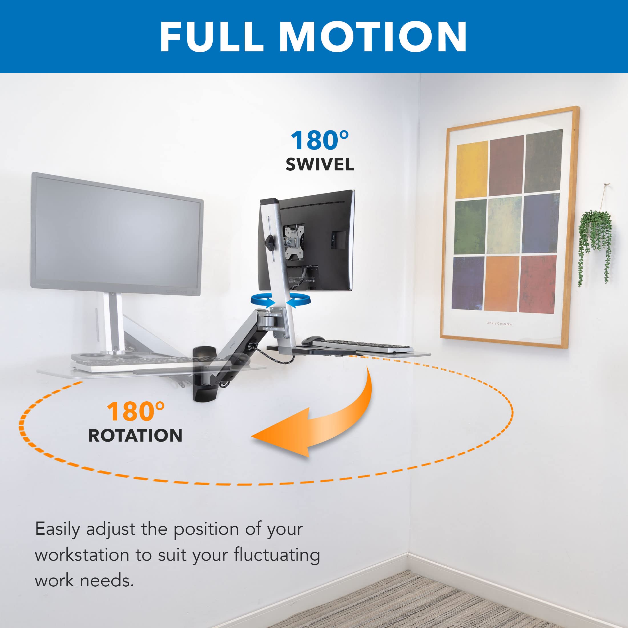 Wall Mounted Sit-Stand Single Monitor Workstation with Gas Spring Arm, Keyboard Tray & CPU Holder, 19.9” Height Adjustment, 41” Extension, VESA 75x75 100x100