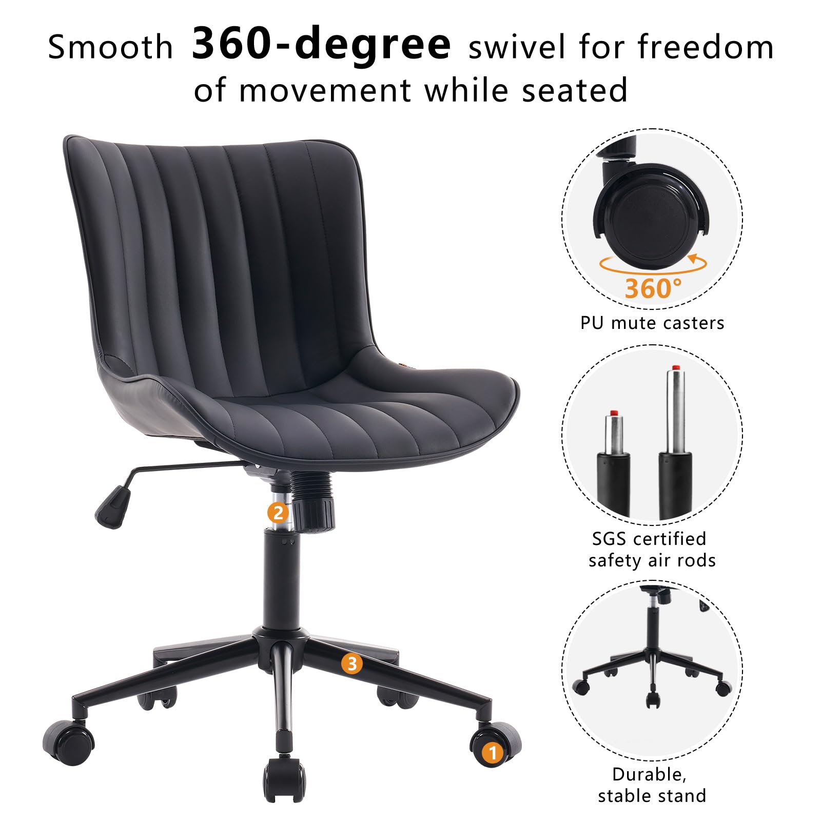 Black Office Desk Chair with Wheels Comfy Armless Small Vanity Chair with Adjustable Rocking Back Modern Leather Upholstered Rolling Task Computer Chair Swivel Drafting Chair Compact