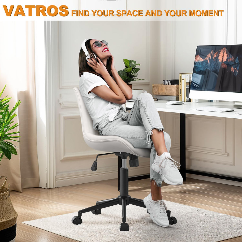 Armless Office Chair, Height Adjustable Desk Chair with Wheels, Ergonomic Comfy 360° Swivel Home Office Computer Task Chair, Faux Leather Padded Cute Vanity Chair, White