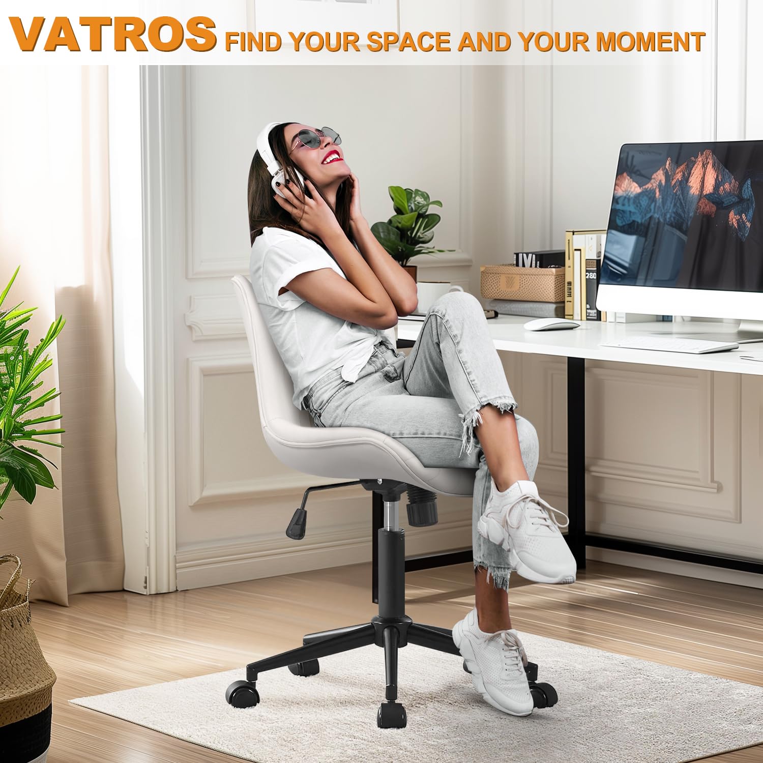 Armless Office Chair, Height Adjustable Desk Chair with Wheels, Ergonomic Comfy 360° Swivel Home Office Computer Task Chair, Faux Leather Padded Cute Vanity Chair, White