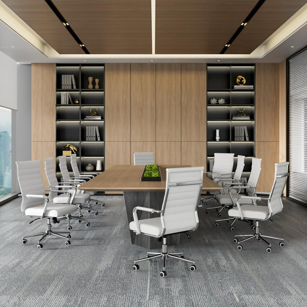 White Office Desk Chair, Ergonomic Leather Modern Conference Room Chairs, Executive Ribbed Height Adjustable Swivel Rolling Chair for Home Office.