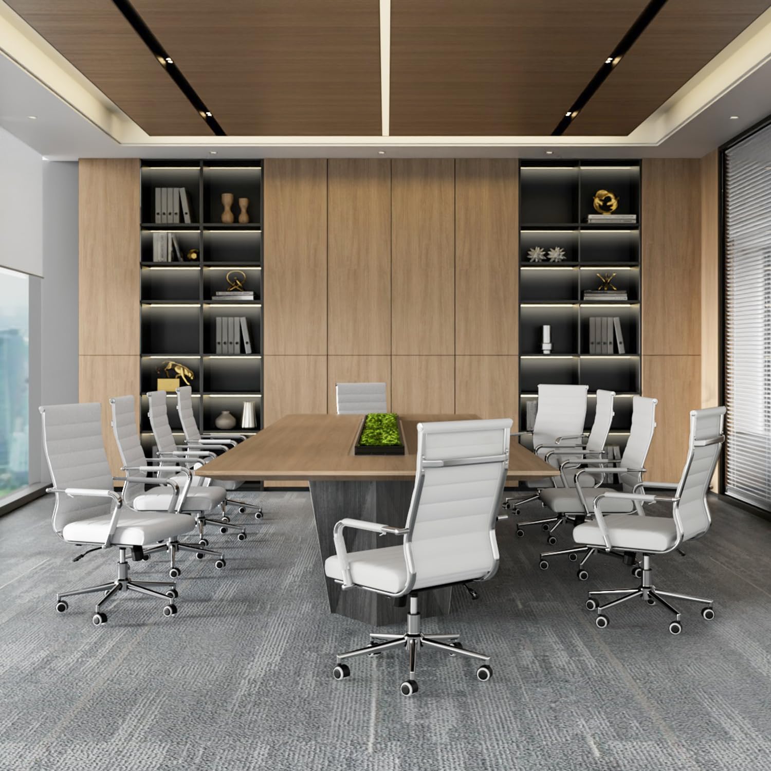 White Office Desk Chair, Ergonomic Leather Modern Conference Room Chairs, Executive Ribbed Height Adjustable Swivel Rolling Chair for Home Office.