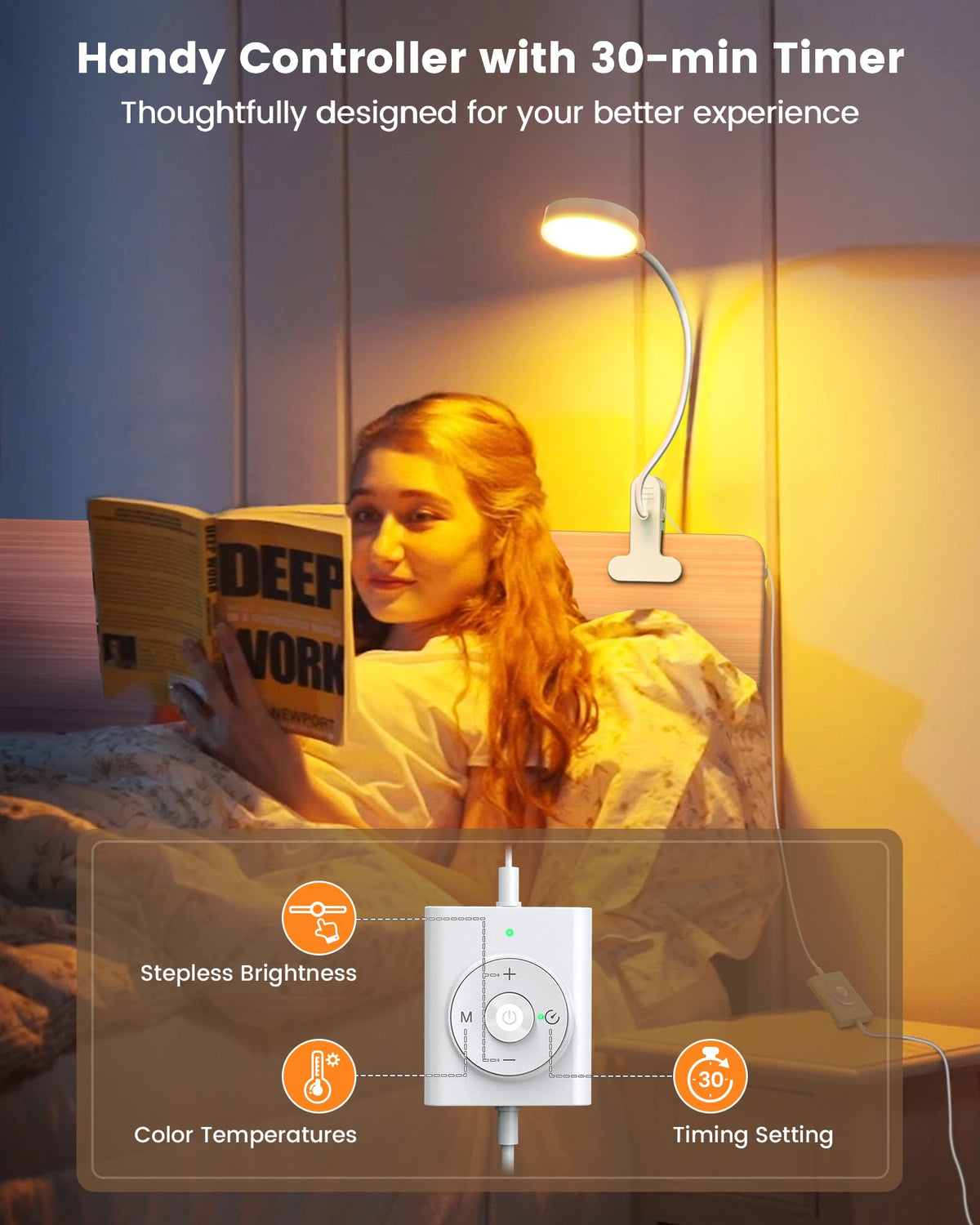 5W Clip on Light, 3 Colors & 5 Brightness Reading Light for Bed