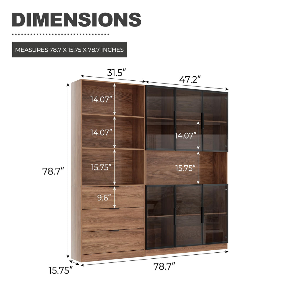 78.7" H Tall Bookcase Storage Cabinet with LED Lights and Drawers, 5 Tier Wood Storage Shelves with Glass Doors, Expandable Bookshelf Display Cabinet for Living Room, Home Office (A+C)