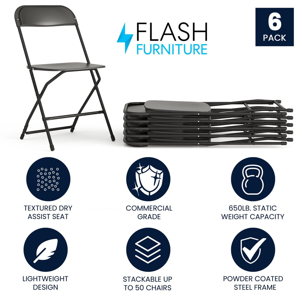 Set of 6, Hercules Series Plastic Folding Chairs for Parties and Weddings, Stackable Commercial Event Seats with 650-lb. Static Weight Capacity, Black