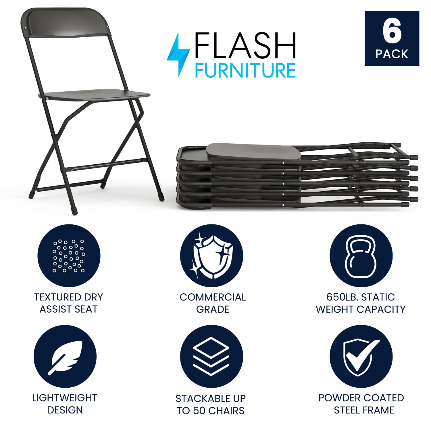 Set of 6, Hercules Series Plastic Folding Chairs for Parties and Weddings, Stackable Commercial Event Seats with 650-lb. Static Weight Capacity, Black