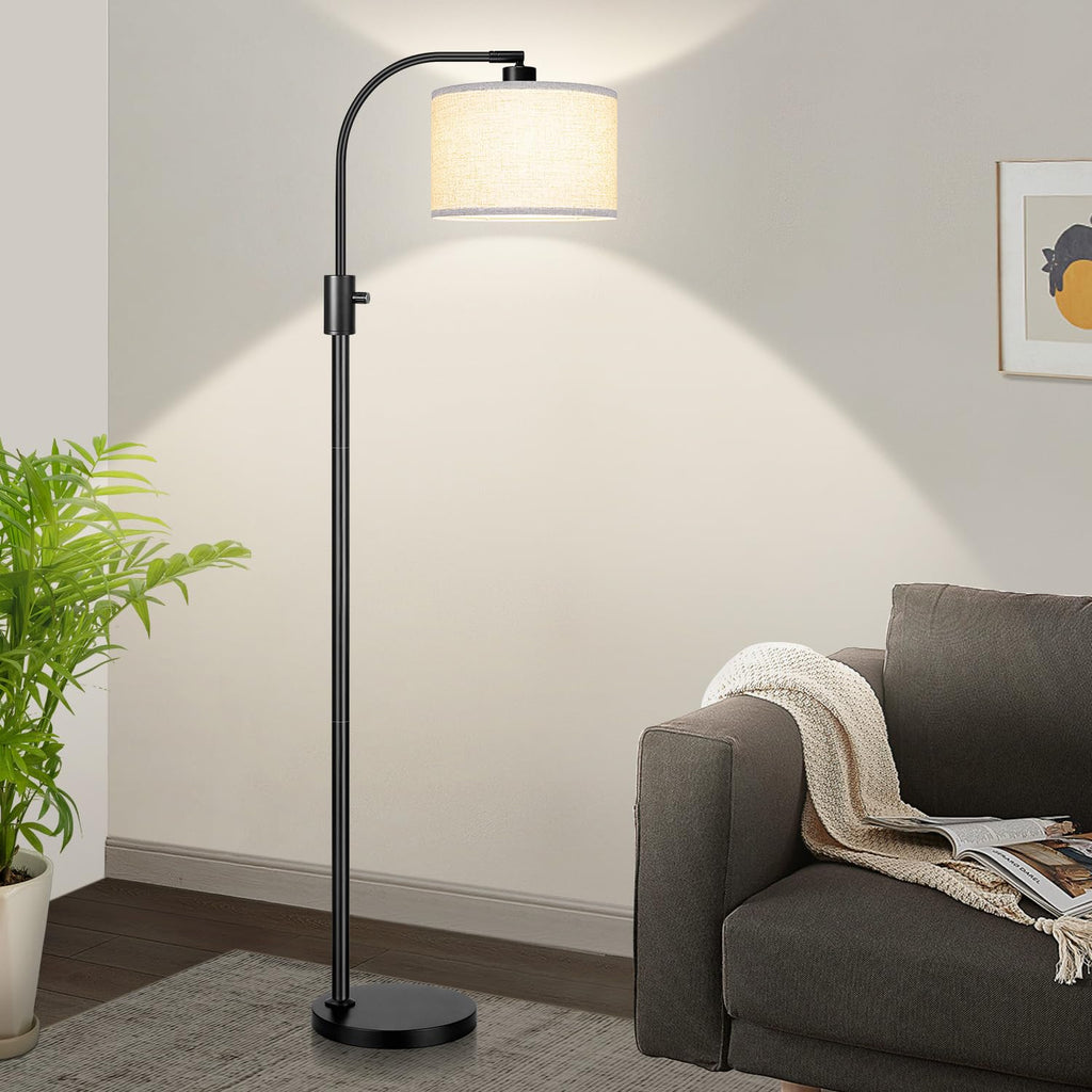 Upgraded Modern Arc Dimmable Tall Standing Floor Lamp with Linen Shade, 1200 Lumens LED Bulb Included, for Living & Reading Room, Bedroom, Office & Nursery, Matte Black