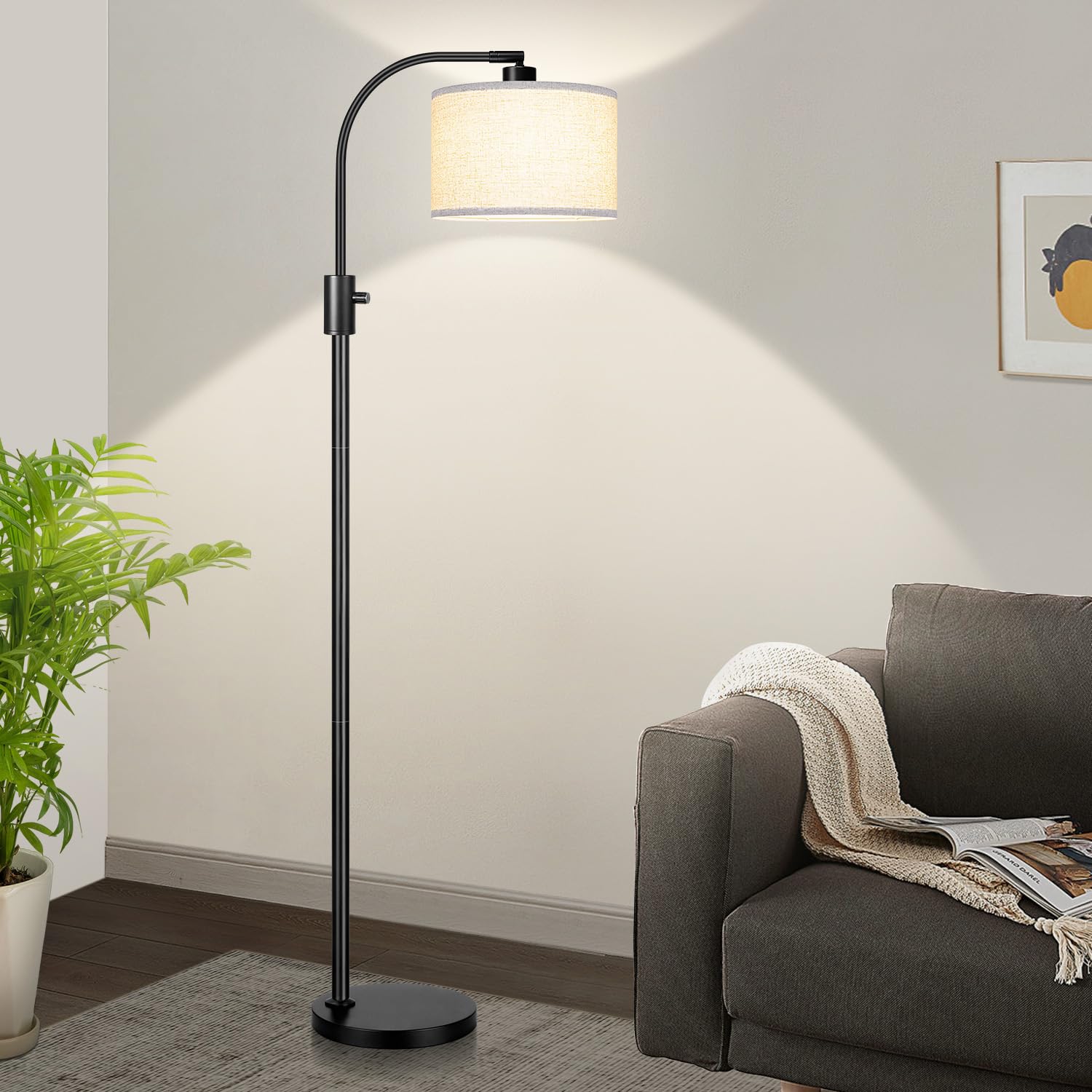 Upgraded Modern Arc Dimmable Tall Standing Floor Lamp with Linen Shade, 1200 Lumens LED Bulb Included, for Living & Reading Room, Bedroom, Office & Nursery, Matte Black