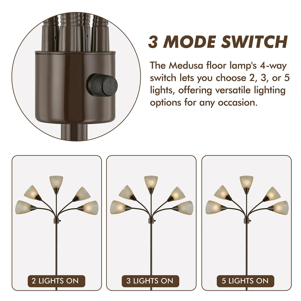 Medusa Modern Decor Floor Lamp, Multi Head Adjustable Gooseneck Bright Light for Reading, White Shades Tall Standing Tree Floor Lamp for Living Room Bedroom Office Kids Classroom, Brown