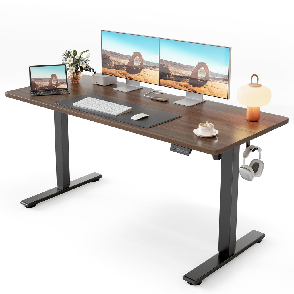 Standing Desk, 55x24 Inches Sit Stand Home Office Desk, Electric Stand up Desk, Adjustable Desk with Splice Board, Black Frame/Black Walnut Top