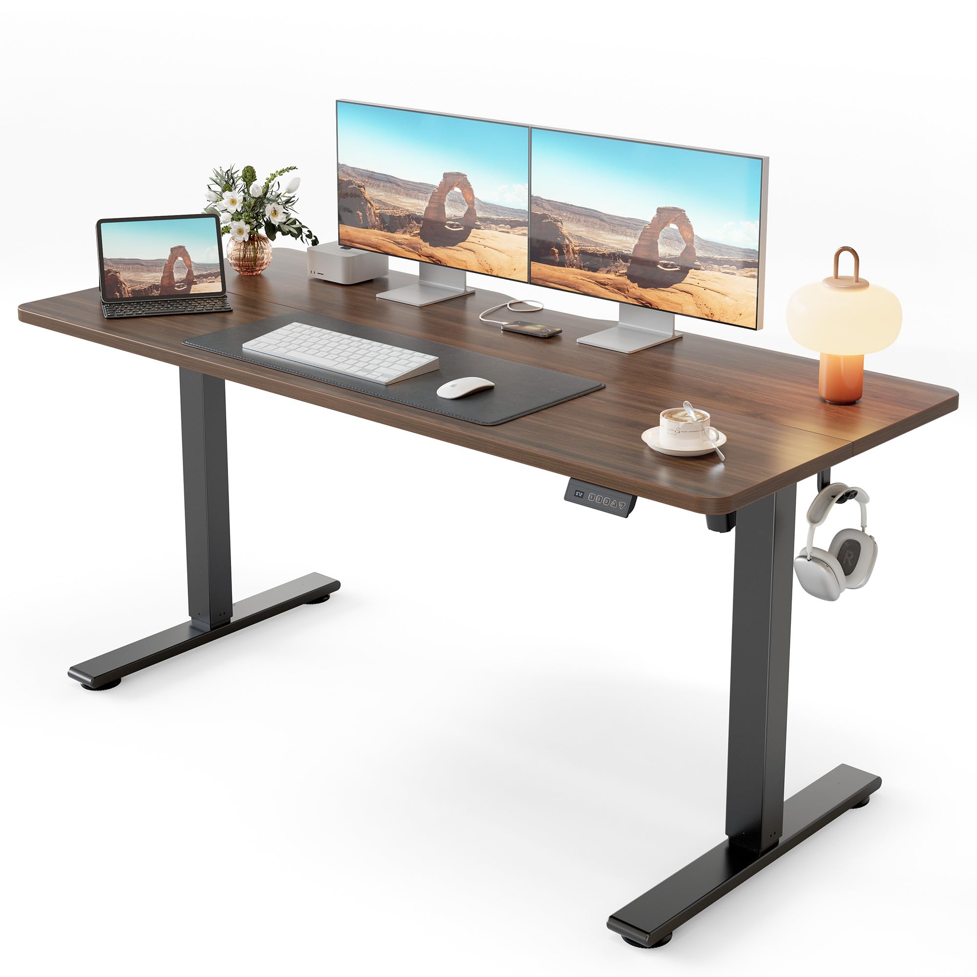 Standing Desk, 55x24 Inches Sit Stand Home Office Desk, Electric Stand up Desk, Adjustable Desk with Splice Board, Black Frame/Black Walnut Top