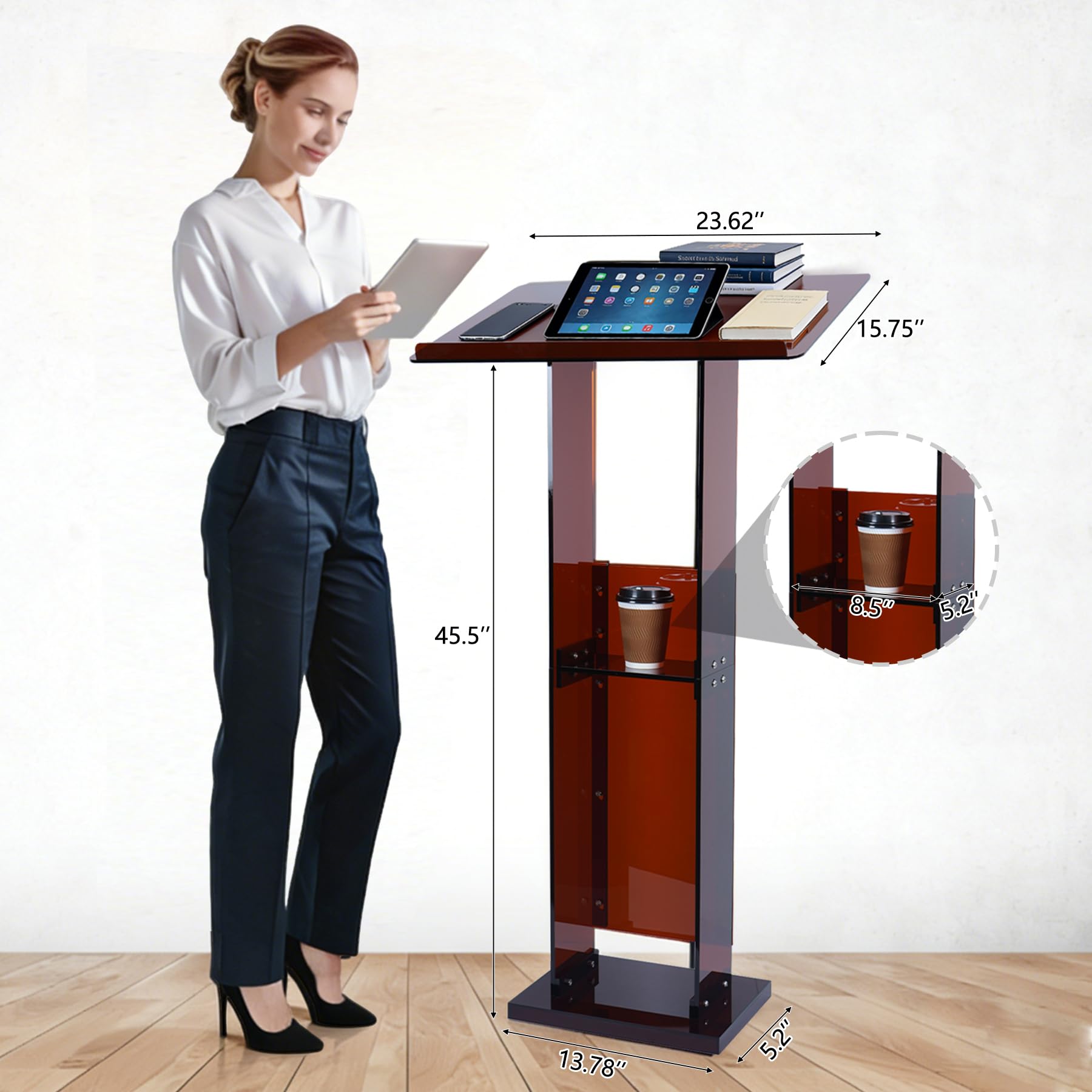 Acrylic Podium Stand 45.5" with Storage Shelf, Modern Amber Lectern Professional Presentation Podiums with Reading Platform for School, Classroom, Weddings, Conference, Concert, Events, Church