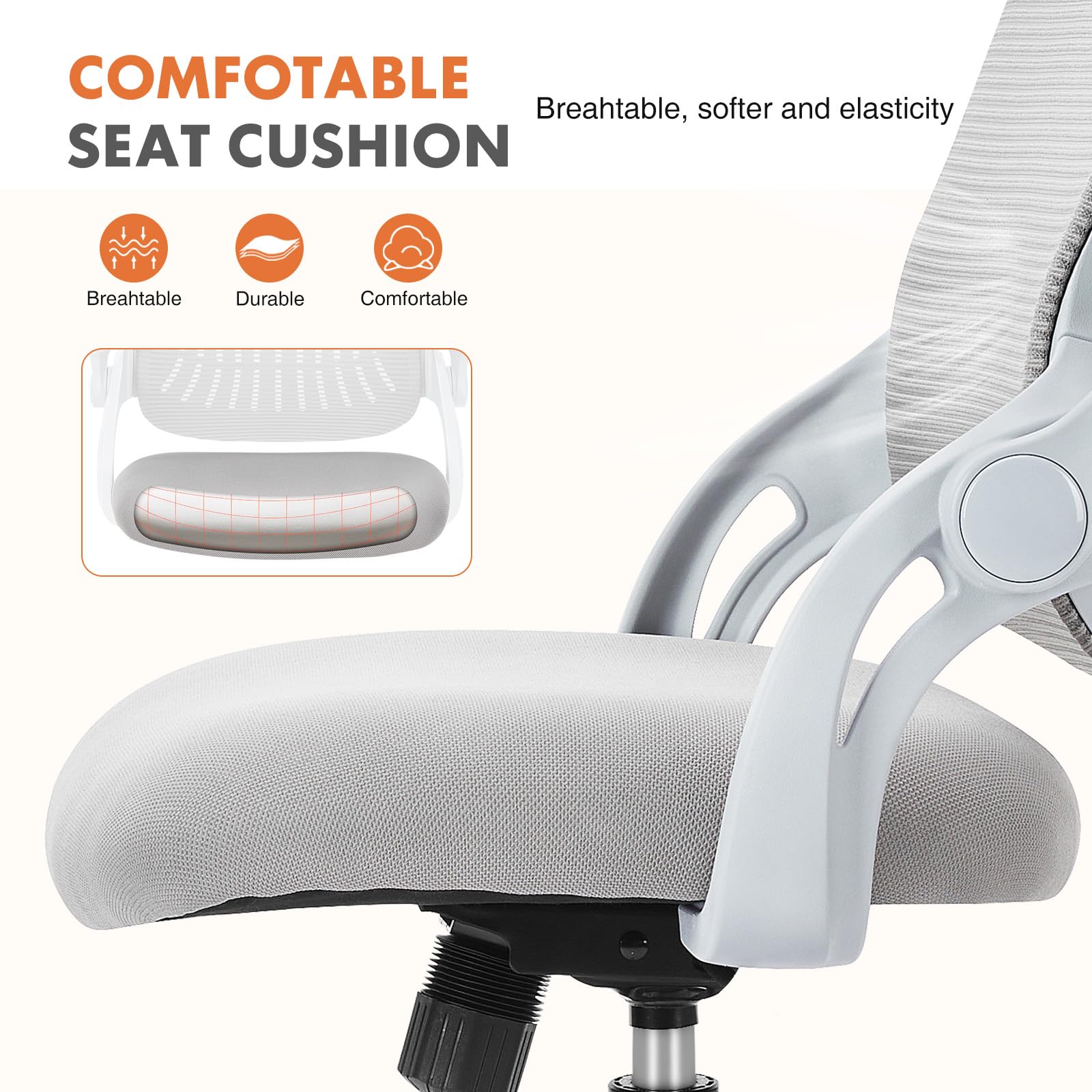 Home Office Managerial Executive Chair, Ergonomic Mesh Adjustable Swivel Mid-Back Chair with, Flip-up Arms, Comfortable Lumbar Support, Comfy Arms for Bedroom,Study,Student, Grey