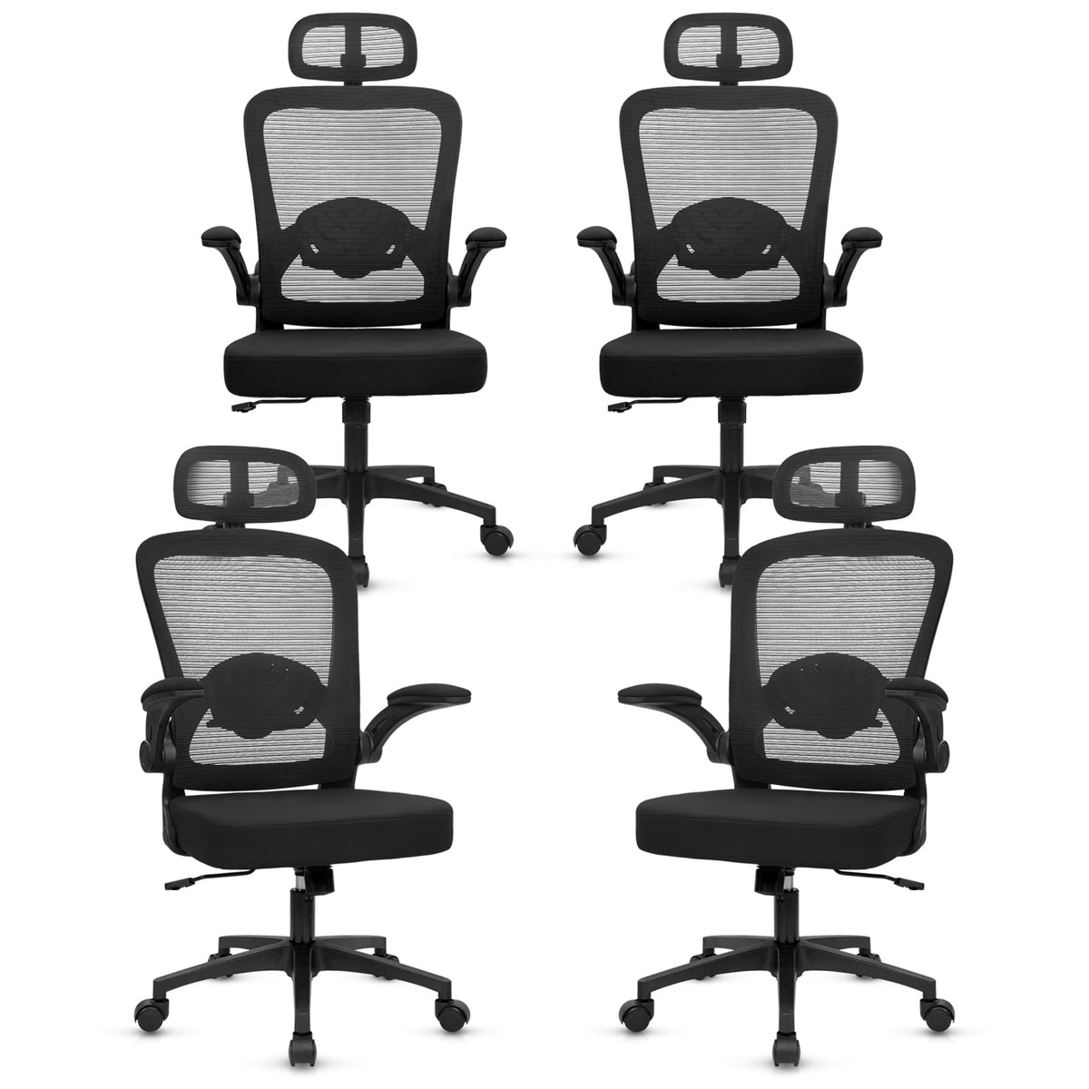 Desk Chairs with Wheels, Ergonomic Mesh Back Home Office Chair with Headrest, Adjustable Lumbar Support Swivel Rolling Computer Chairs with Flip Up Arms for Conference Meeting Room, Black, 4PK