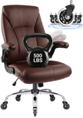 Big and Tall Office Chair for Heavy People, 500LBS High Back Extra Wide Executive PU Leather Office Chair with Flip-Up Armrests, Quiet Rubber Wheels, Comfortable Home Office Desk Chair(Brown)