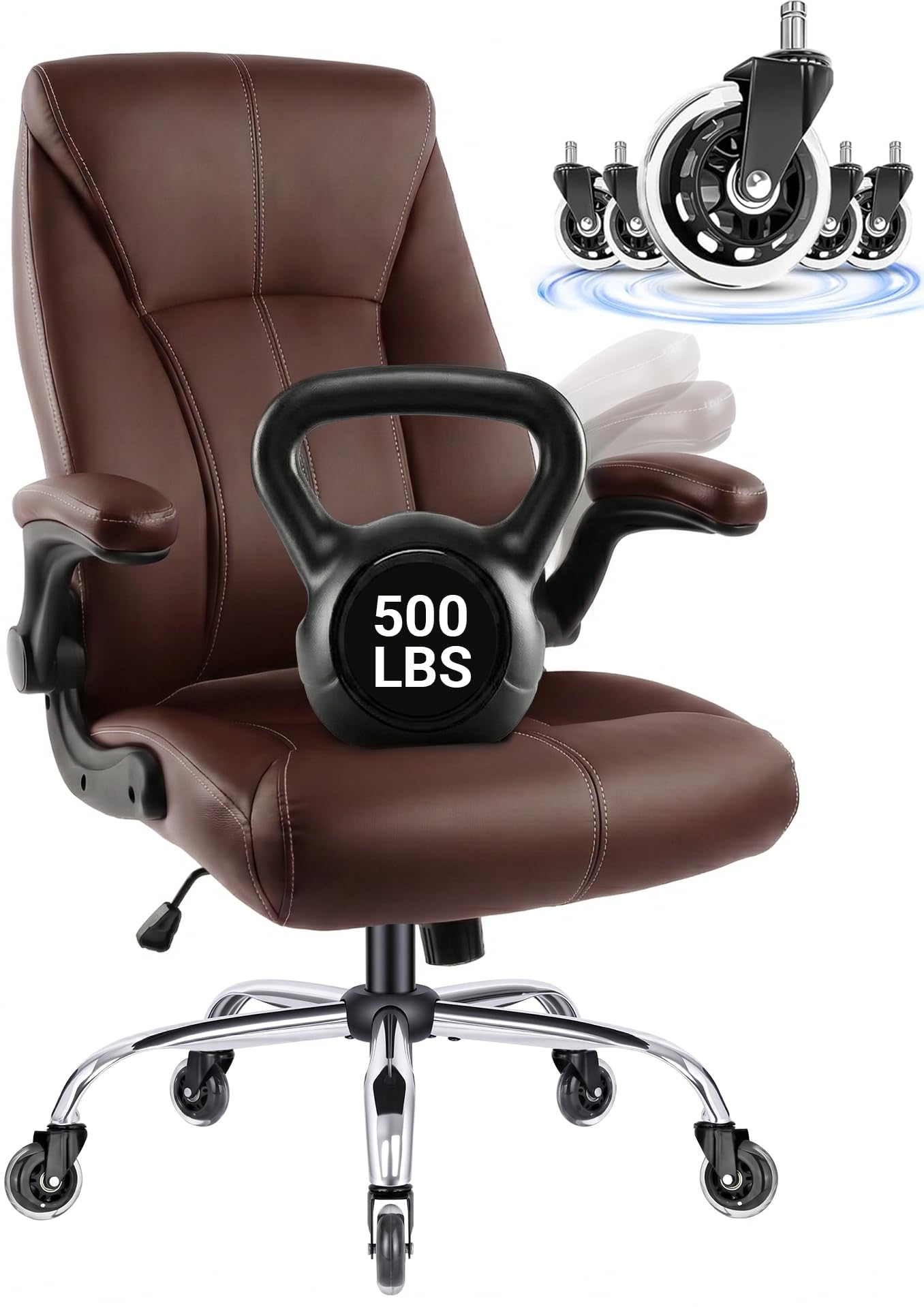 Big and Tall Office Chair for Heavy People, 500LBS High Back Extra Wide Executive PU Leather Office Chair with Flip-Up Armrests, Quiet Rubber Wheels, Comfortable Home Office Desk Chair(Brown)