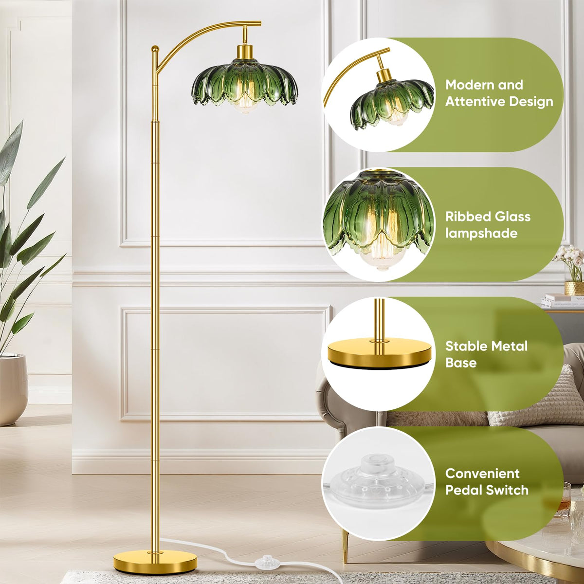 Gold Floor Lamp for Living Room with Remote Control,Unique Vintage Standing Tall Lamp,Mid Century Modern Floor Lamps Arc Green Glass Floor Lamps for Office Corner