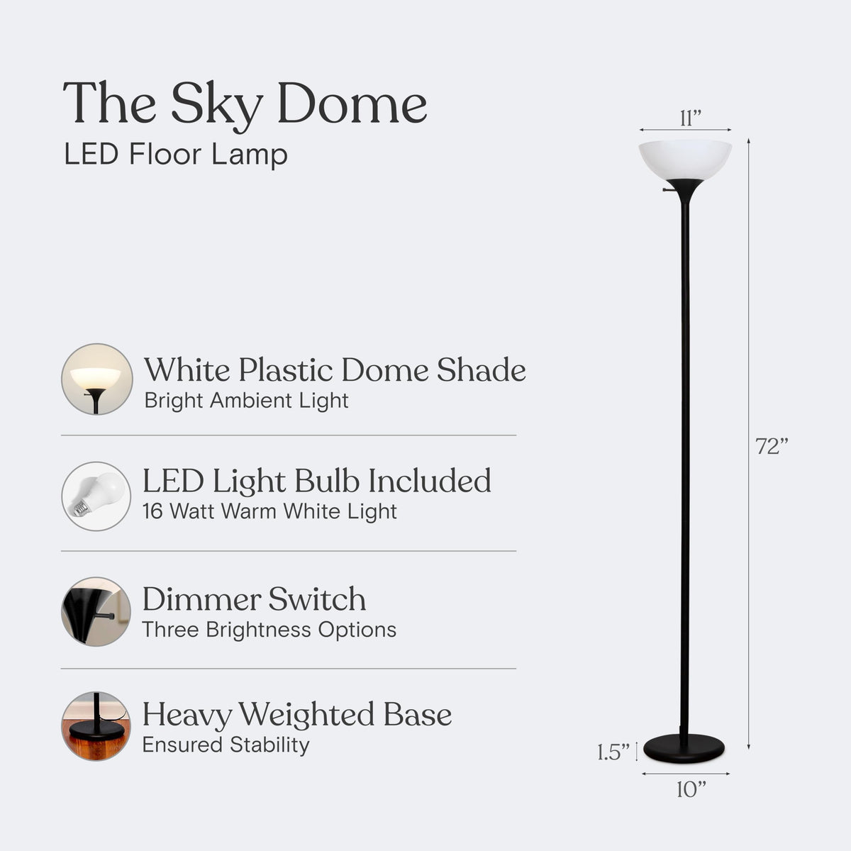 Sky Dome Dimmable LED Floor Lamp, Torchiere Floor Lamp for Living Room, Bedroom, & Office – Tall Torch Standing Lamp for Reading, Modern Home Decor – Jet Black