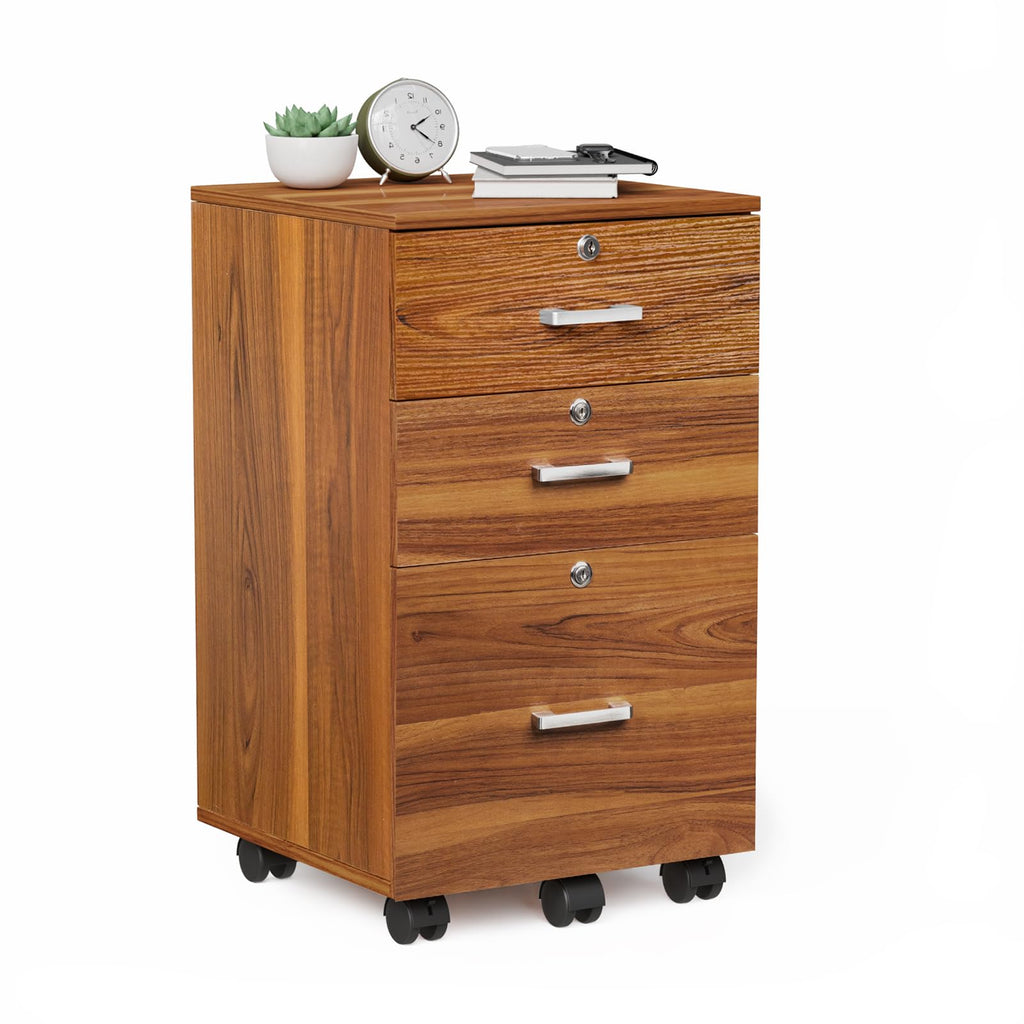 3-Drawer File Cabinet with Lock, Wood Rolling Filing Cabinets for Home Office, Mobile Printer Stand, Under Desk File Organizer for Letter Sized Files, 26" H(Caster Included), Walnut