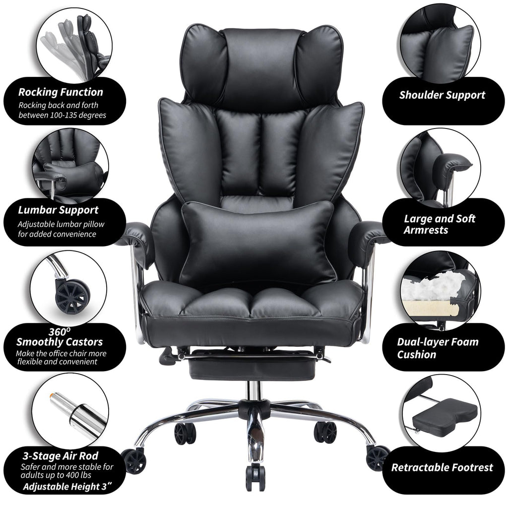 Big and Tall Office Chair 400lbs – High Back Executive Chair with Swivel Base, PU Leather Upholstery, Lumbar Pillow, Padded Armrests, and Rolling Wheels，Black Computer Chair