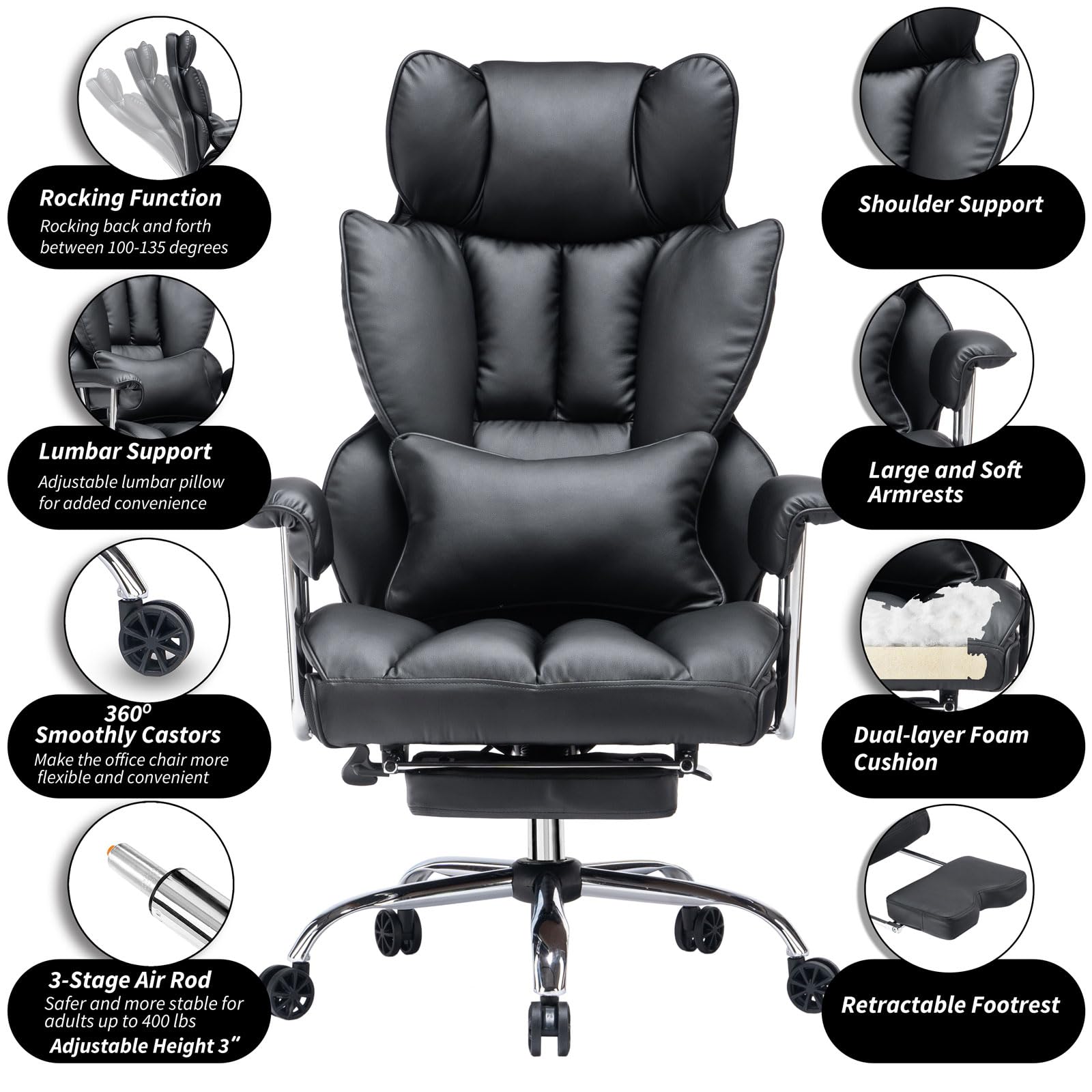 Big and Tall Office Chair 400lbs – High Back Executive Chair with Swivel Base, PU Leather Upholstery, Lumbar Pillow, Padded Armrests, and Rolling Wheels，Black Computer Chair