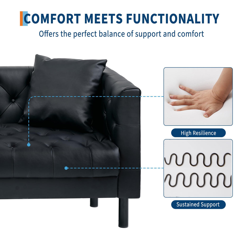 81 in Leather Couch, Modern Leather Sofa with Deep Seat, Handmade Button Tufted 3 Seater Sofa, Chesterfield Couch for Apartment or Office, Black