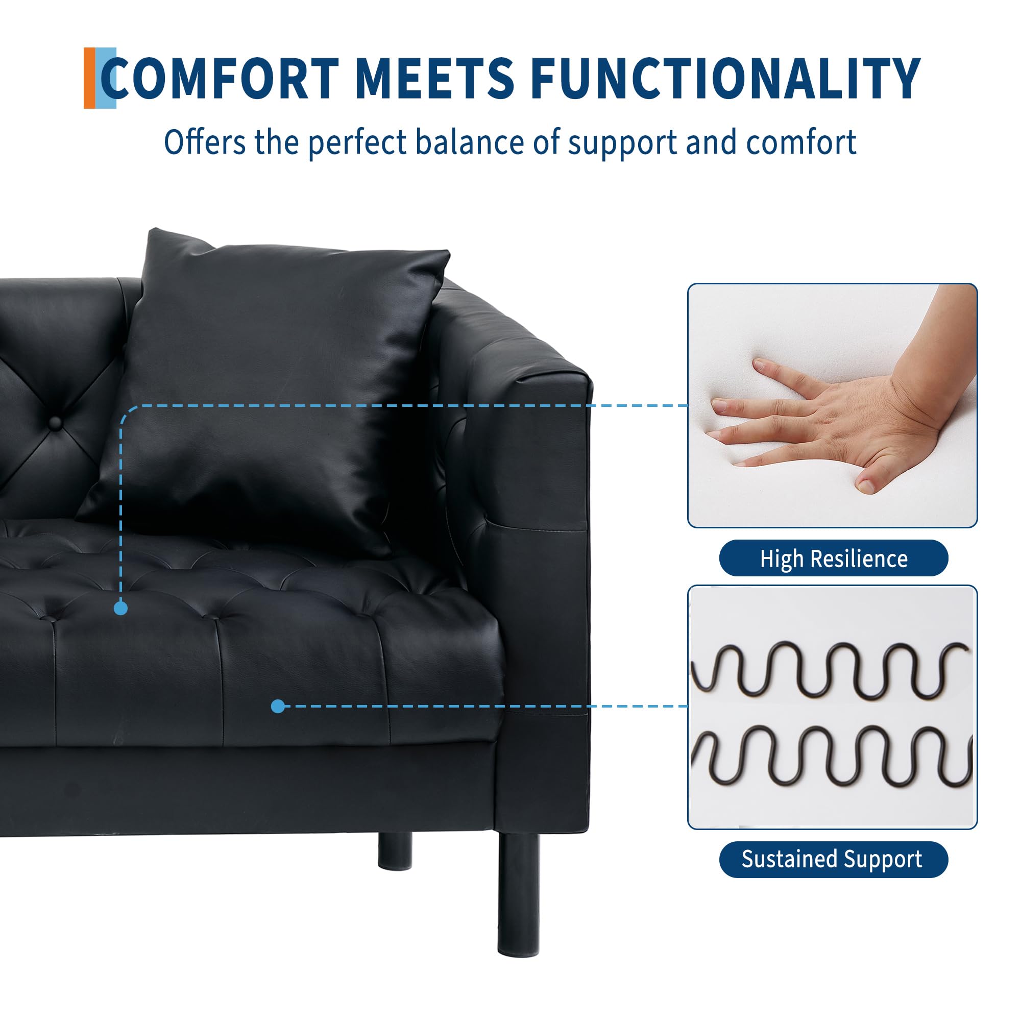 81 in Leather Couch, Modern Leather Sofa with Deep Seat, Handmade Button Tufted 3 Seater Sofa, Chesterfield Couch for Apartment or Office, Black