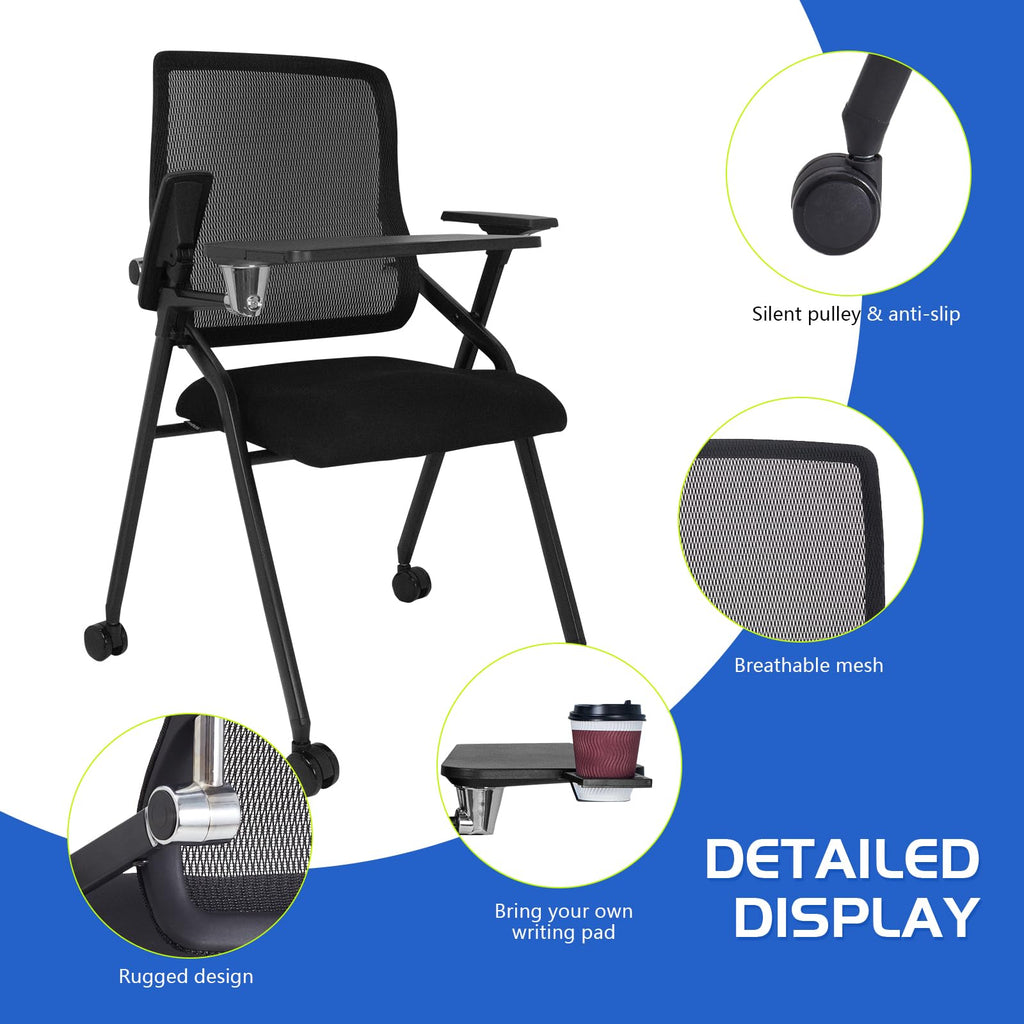 Updated Conference Room Chairs with Tablet Arm, Folding Office Desk Chair with Lumbar Support and Sliding Armrest with Casters, Stackable Office Guest Chairs & Reception Chairs, 1 Pack Black
